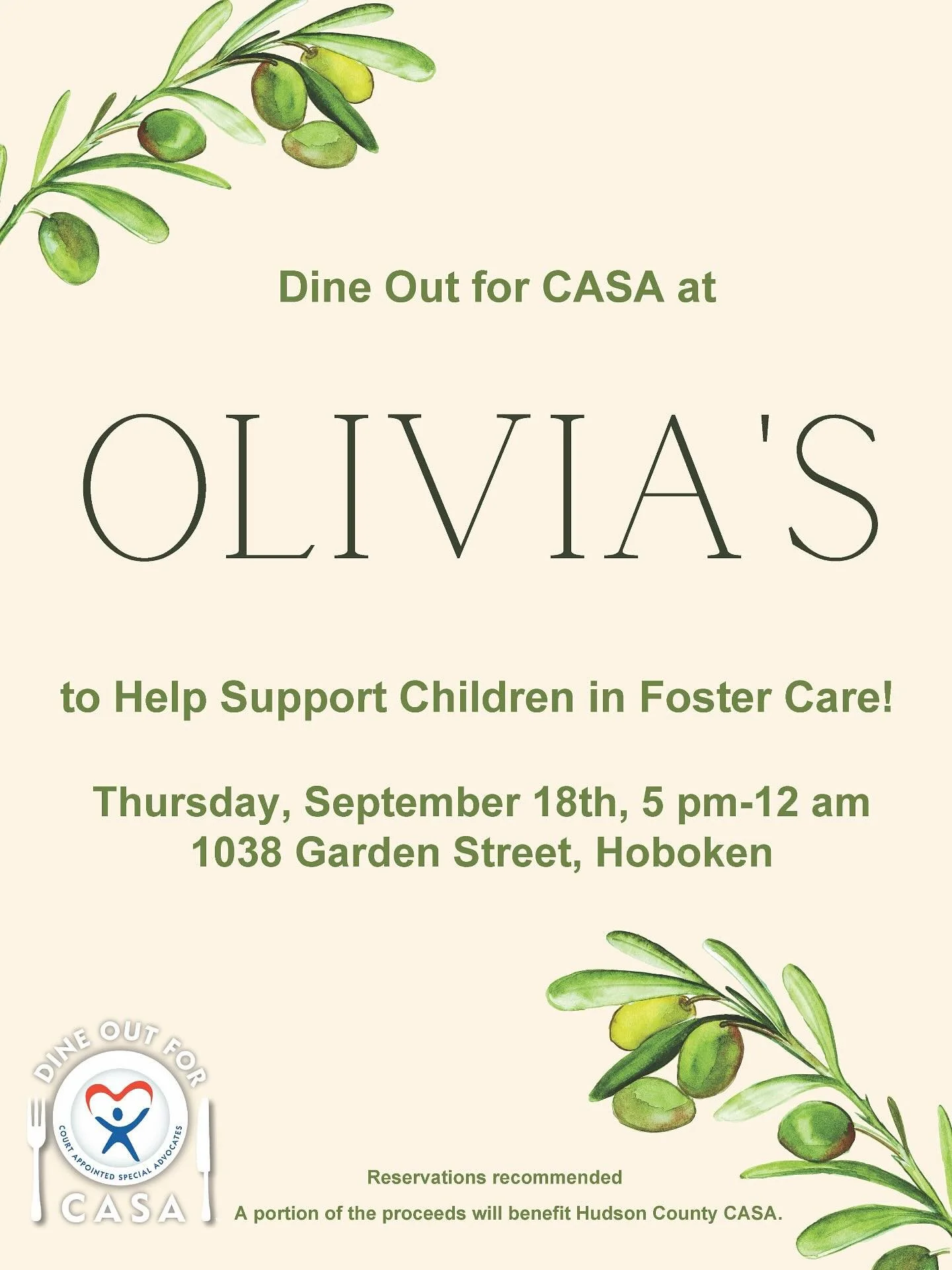 This week!!🥰🥳

Dine Out for CASA! 🍽️ Enjoy a delicious meal that makes a difference!
 
Join us this Thursday, September 18th at Olivia&rsquo;s to support children in foster care.
 
A portion of the proceeds for the evening will be donated to Hudso