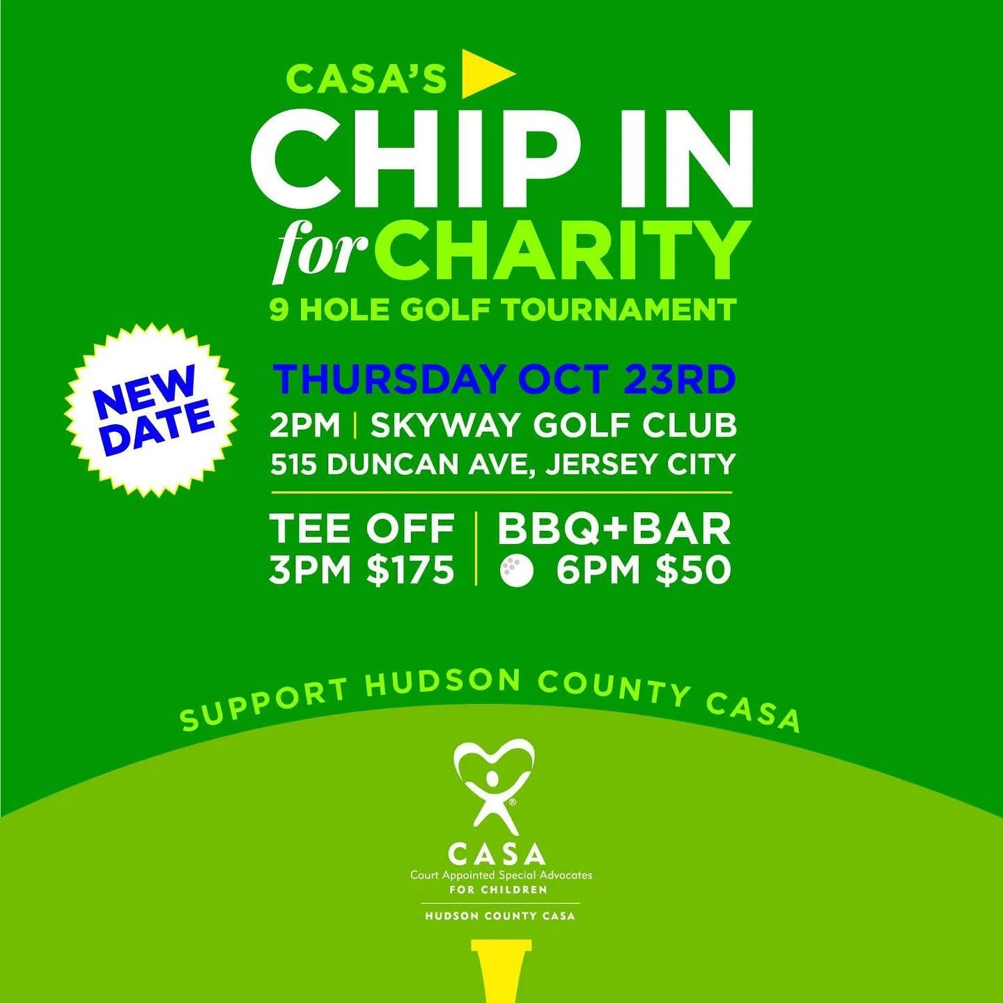 Don&rsquo;t miss your chance to Tee Off for a great cause! ⛳️ 

Hudson County CASA&rsquo;s Fourth Annual Chip In for Charity Golf Tournament is happening next Thursday, October 23rd at Skyway Golf Course in Jersey City!

Join us for a fun-filled afte