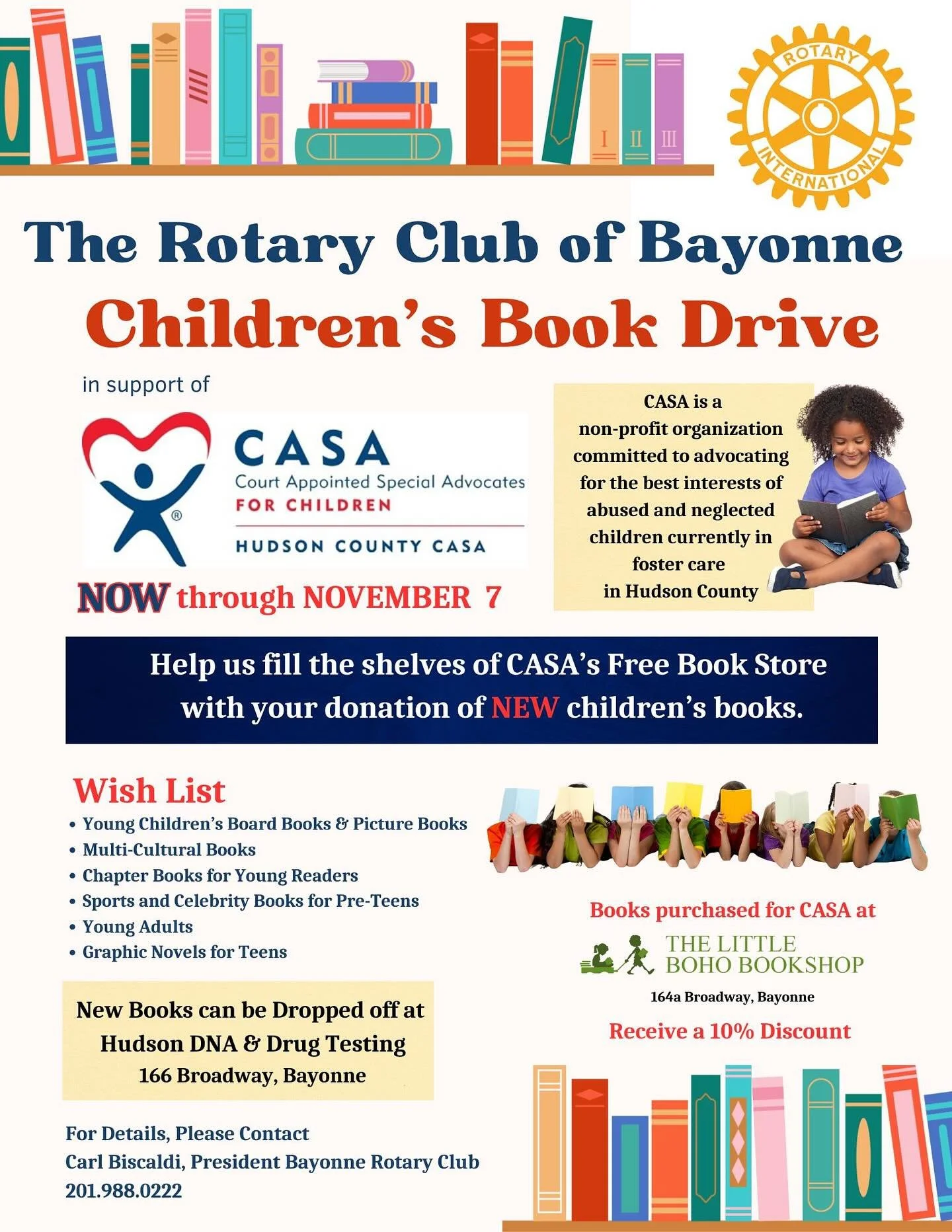Help us stock our shelves and share the joy of reading with our CASA children! 📚 

The Rotary Club of Bayonne is hosting a book drive to support Hudson County CASA now through November 7th.&nbsp; It&rsquo;s easy to give - all books can be purchased 