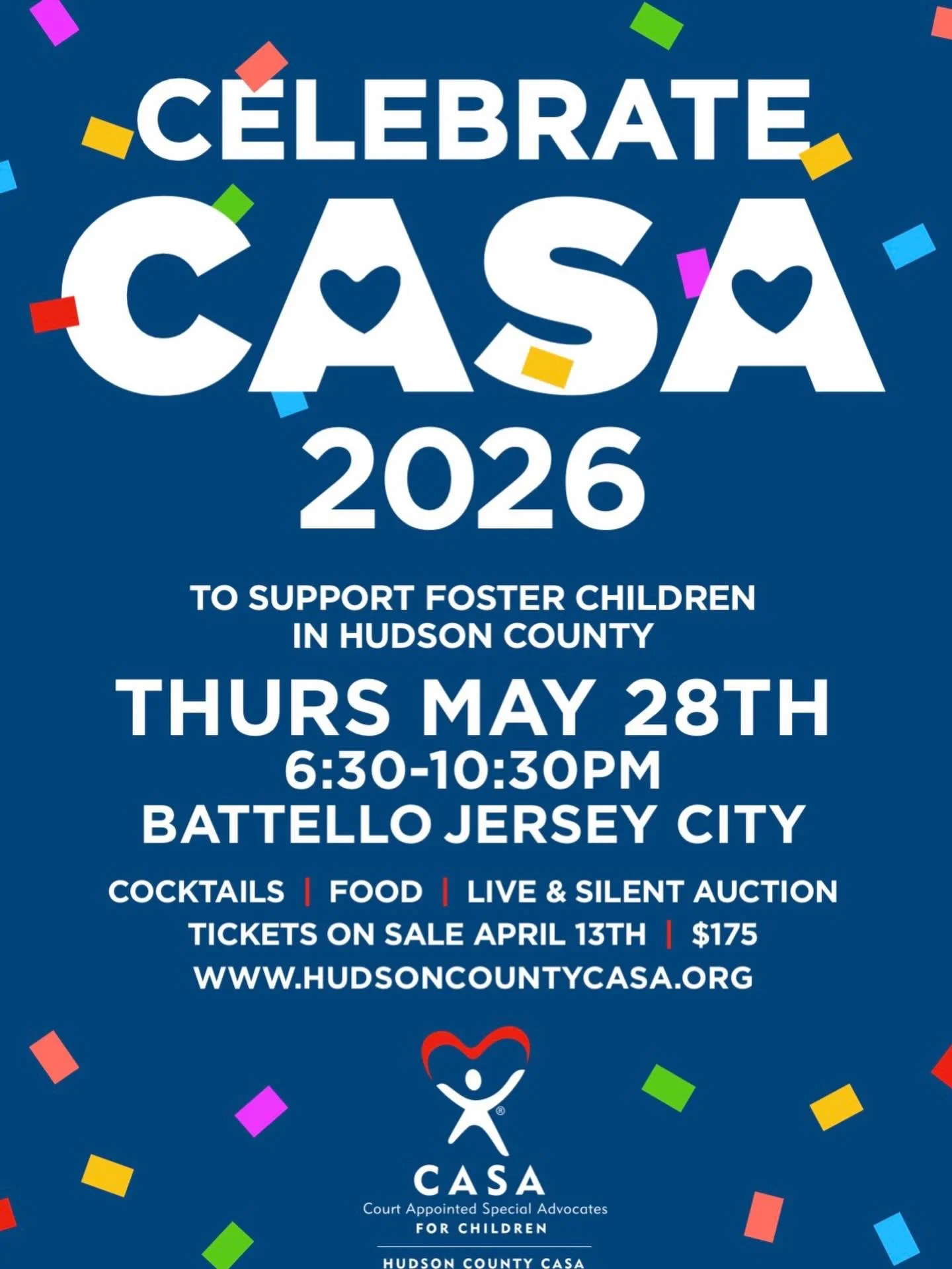 Save the Date to Celebrate CASA! 🥳✨

Join us for an unforgettable evening on Thursday, May 28th from 6:30&ndash;10:30 PM at Battello in Jersey City as we come together to support children in foster care in Hudson County.

Enjoy stunning waterfront v