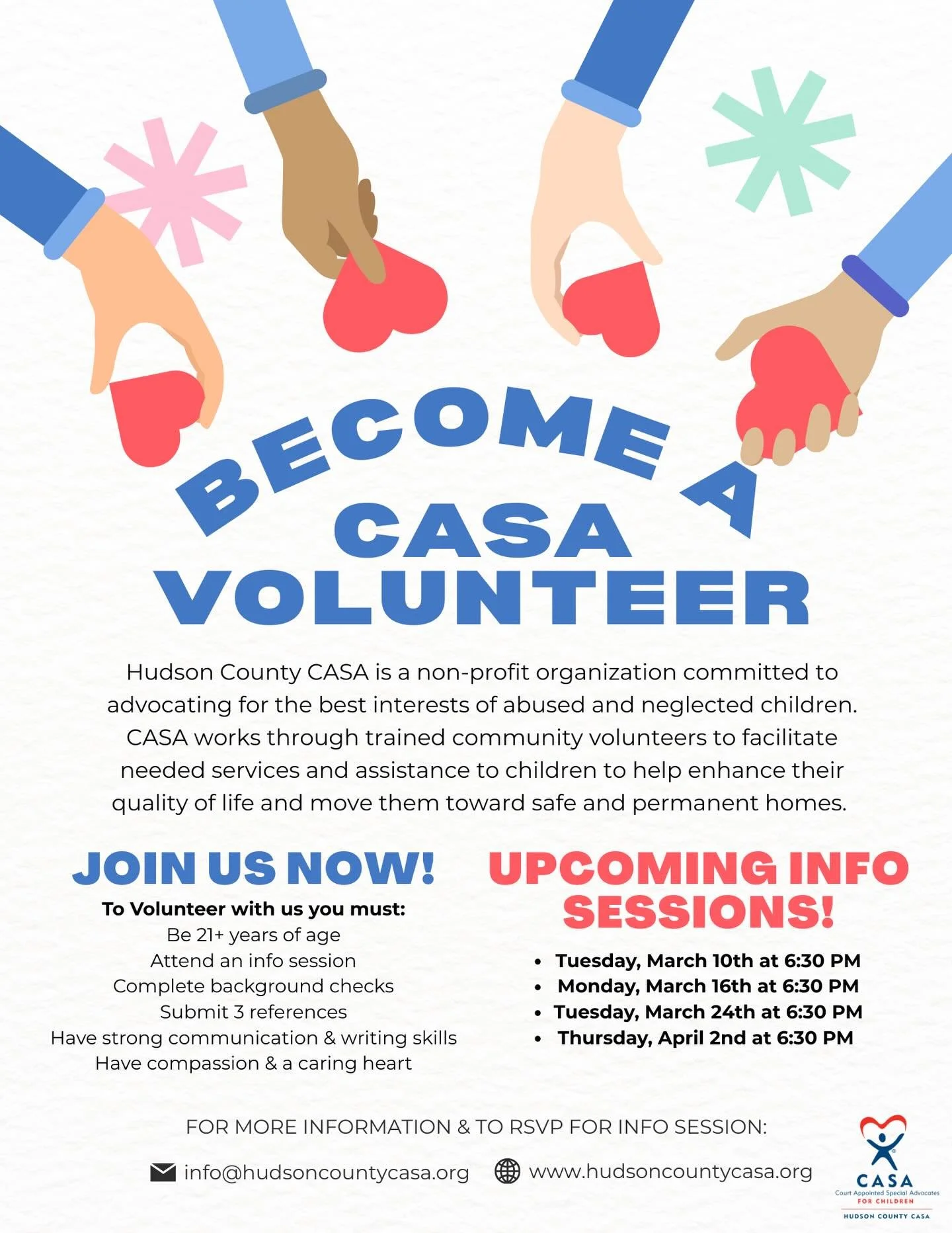 Every child deserves someone in their corner. 💙

Hudson County CASA is looking for compassionate community members to advocate for children in foster care. Our volunteers help ensure that abused and neglected children have the support, resources, an