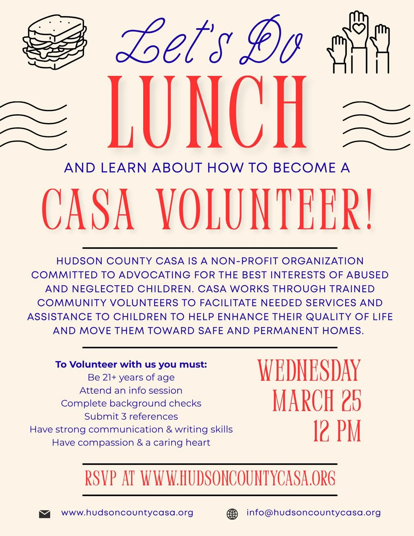 Lunch with a purpose 💙🥪

Join Hudson County CASA for a Let&rsquo;s Do Lunch info session and learn how you can make a life-changing impact as a CASA volunteer. There are children in foster care waiting for someone to advocate just for them&mdash;an