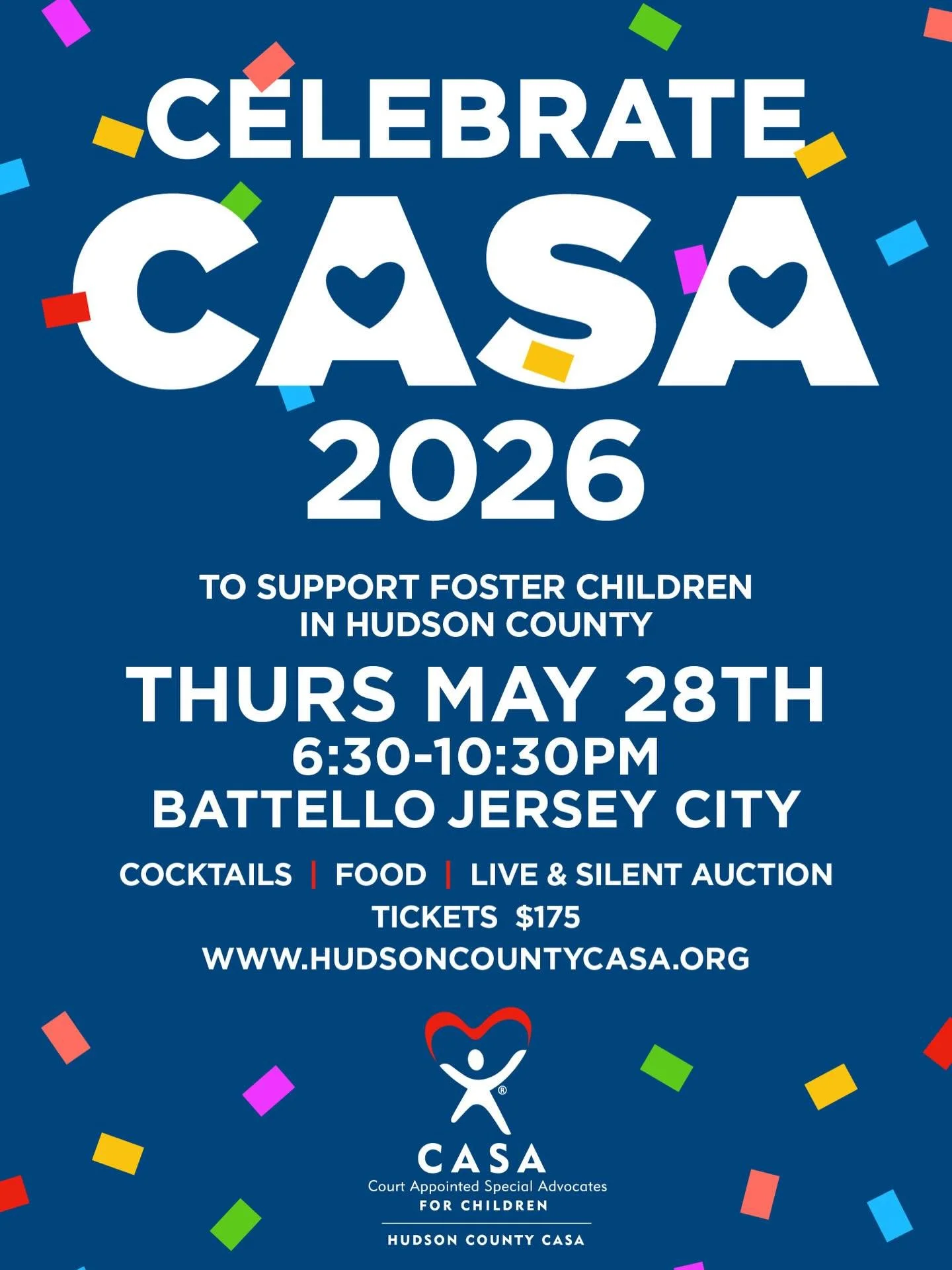The countdown is on, just ONE MONTH until Celebrate CASA! 🥳 You won&rsquo;t want to miss this incredible evening on Thursday, May 28th at Battello supporting children in foster care in Hudson County.❤️💙

Join us for stunning waterfront views, delic