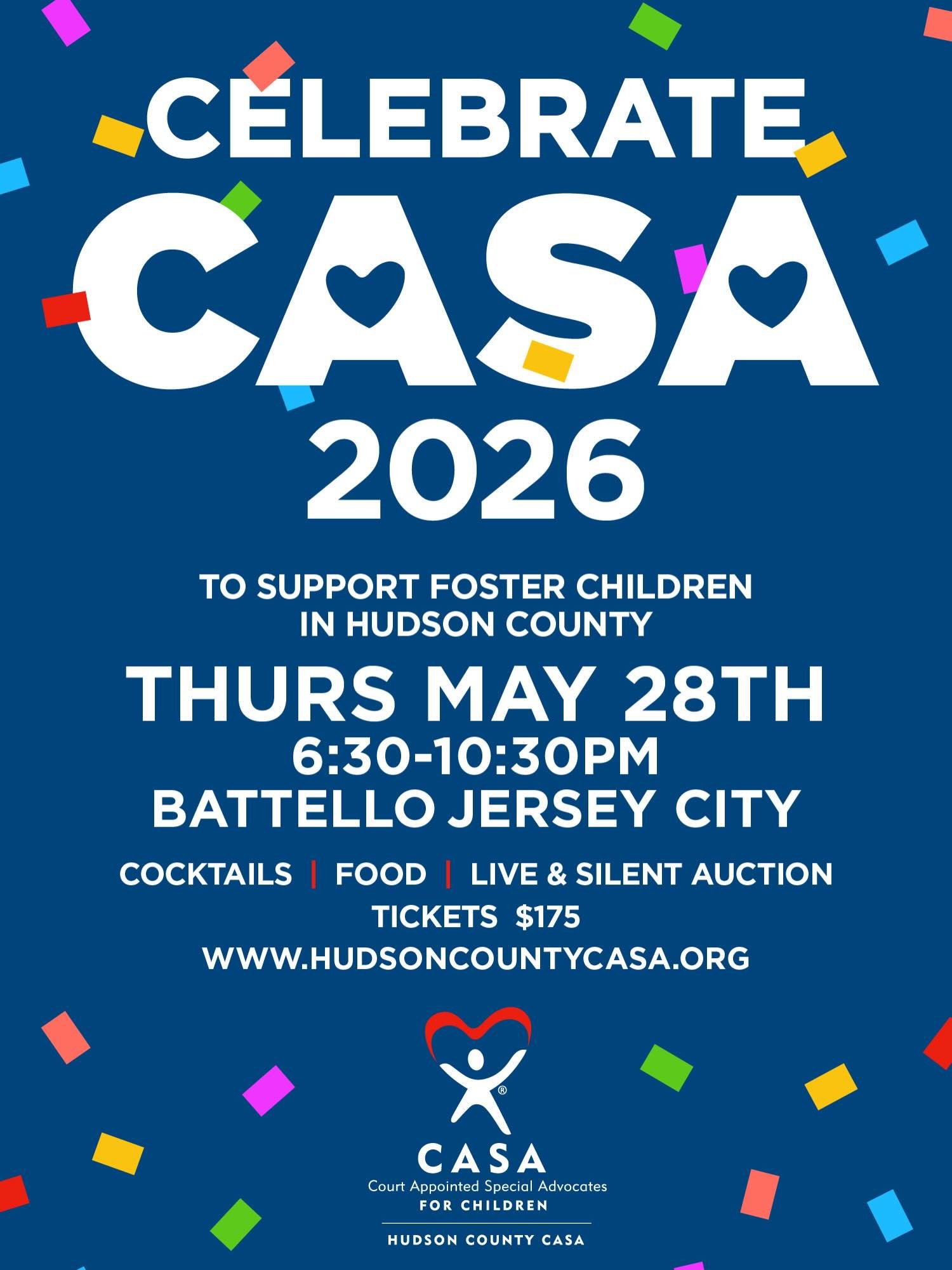 Celebrate CASA is just ONE WEEK away! 🎉❤️💙

Join us on Thursday, May 28th at Battello for a special evening in support of Hudson County children in foster care.

This year&rsquo;s LIVE AUCTION will feature exclusive, once-in-a-lifetime experiences,
