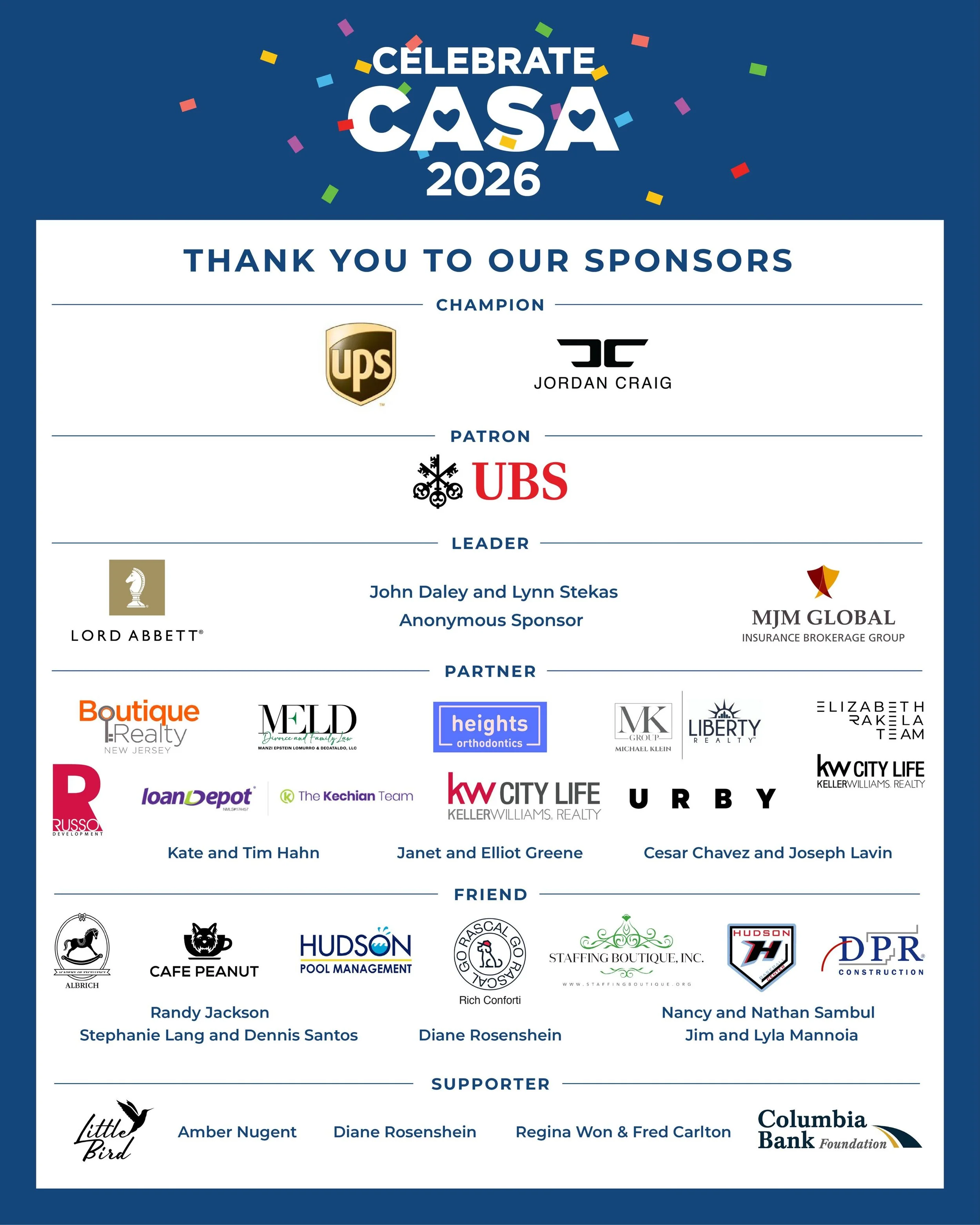 Hudson County CASA extends a heartfelt thank you to all of our generous sponsors for supporting Celebrate CASA!💙❤️
 
Your support helps us continue our mission of advocating for children in foster care and ensuring they have a voice when it matters 