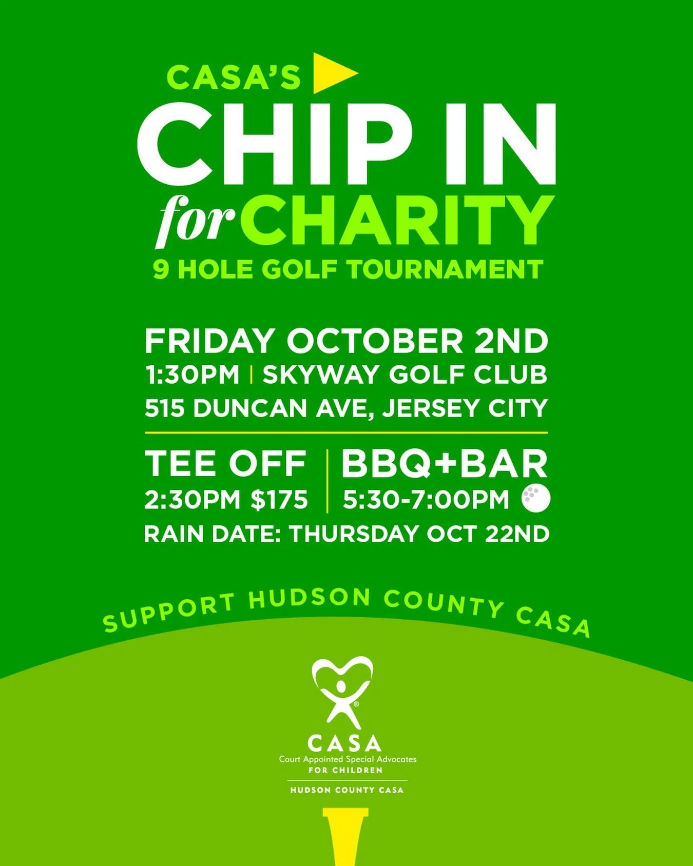 Save the Date! ⛳️ 

Mark your calendars for CASA&rsquo;s 5th Annual Chip In for Charity Golf Tournament on Friday, October 2 at Skyway Golf Club in Jersey City! 🥳

Join us for a fun afternoon on the course while supporting Hudson County CASA and the