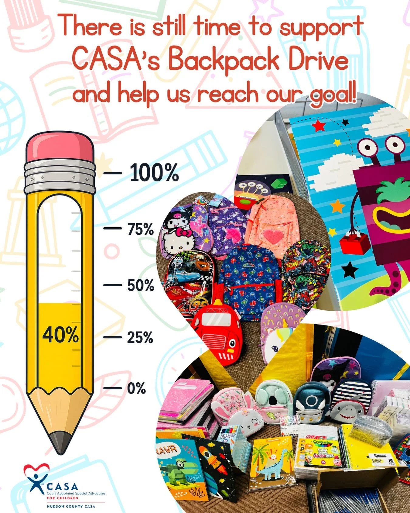 We&rsquo;re making great progress, but we still need your help! 🎒 

Thanks to your generosity, we&rsquo;ve reached 40% of our Backpack Drive goal.❤️

Every backpack and school supply donated helps ensure children in foster care have the tools they n
