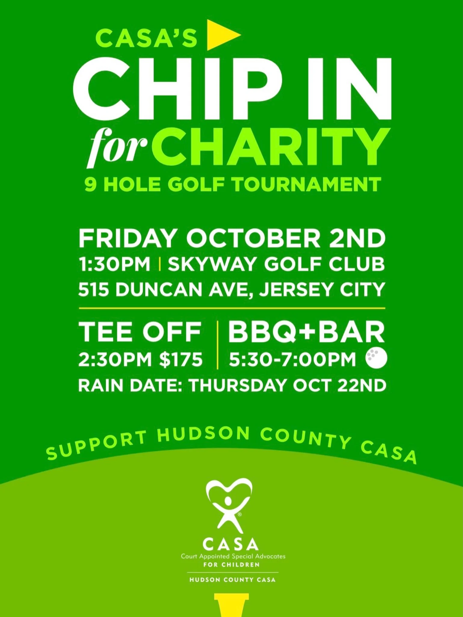 Tee off for a great cause! ⛳️🏌️

Tickets are officially on sale for Hudson County CASA&rsquo;s 5th Annual Chip In for Charity Golf Tournament on Friday, October 2nd at Skyway Golf Course in Jersey City!

Join us for a fun-filled 9-hole tournament wi