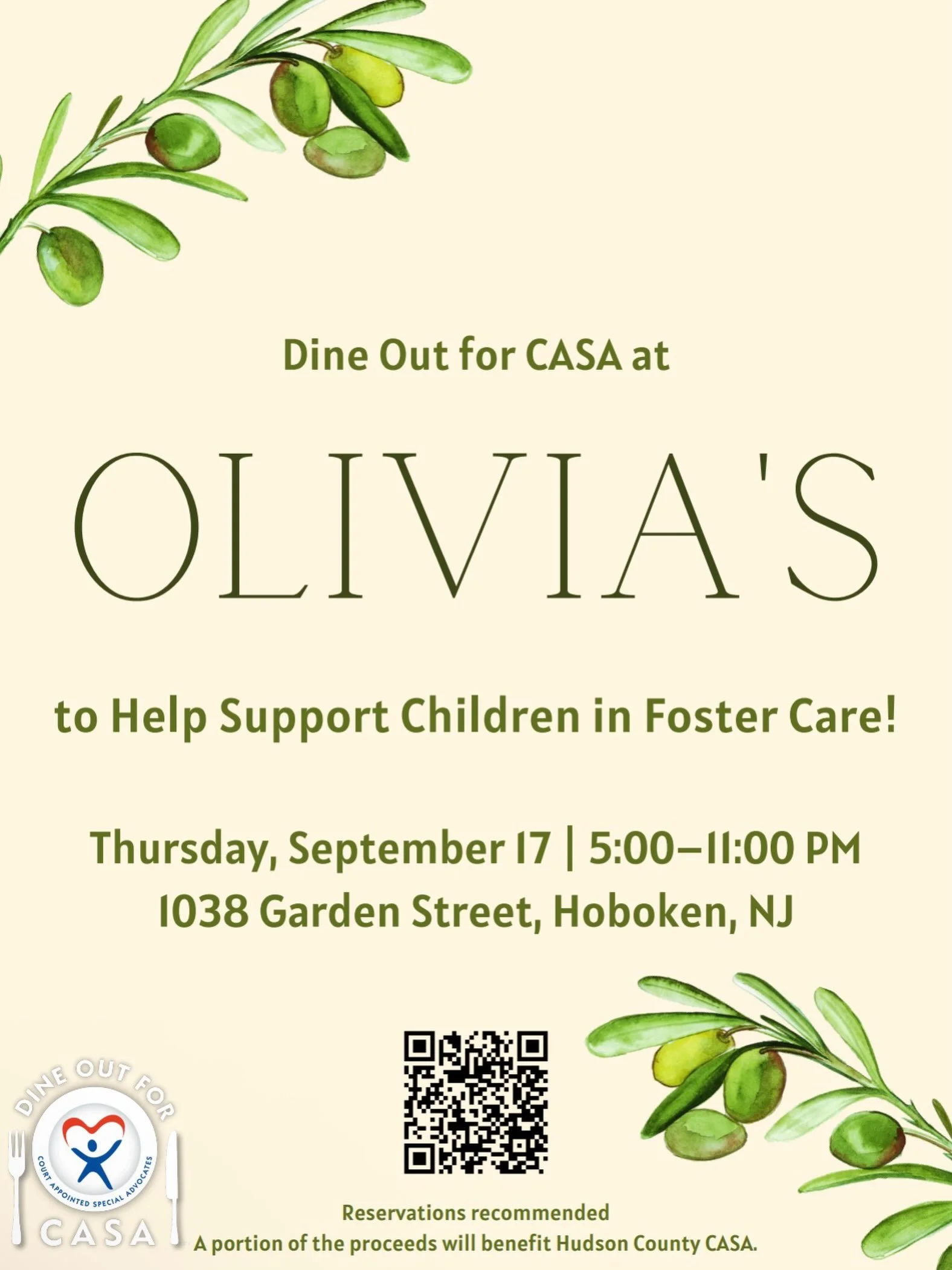 Save the date to Dine Out for CASA! 🍽️❤️💙

Join us on Thursday, September 17th at Olivia&rsquo;s in Hoboken for a delicious meal that makes a difference!

A portion of the evening&rsquo;s proceeds will benefit Hudson County CASA and help support ou