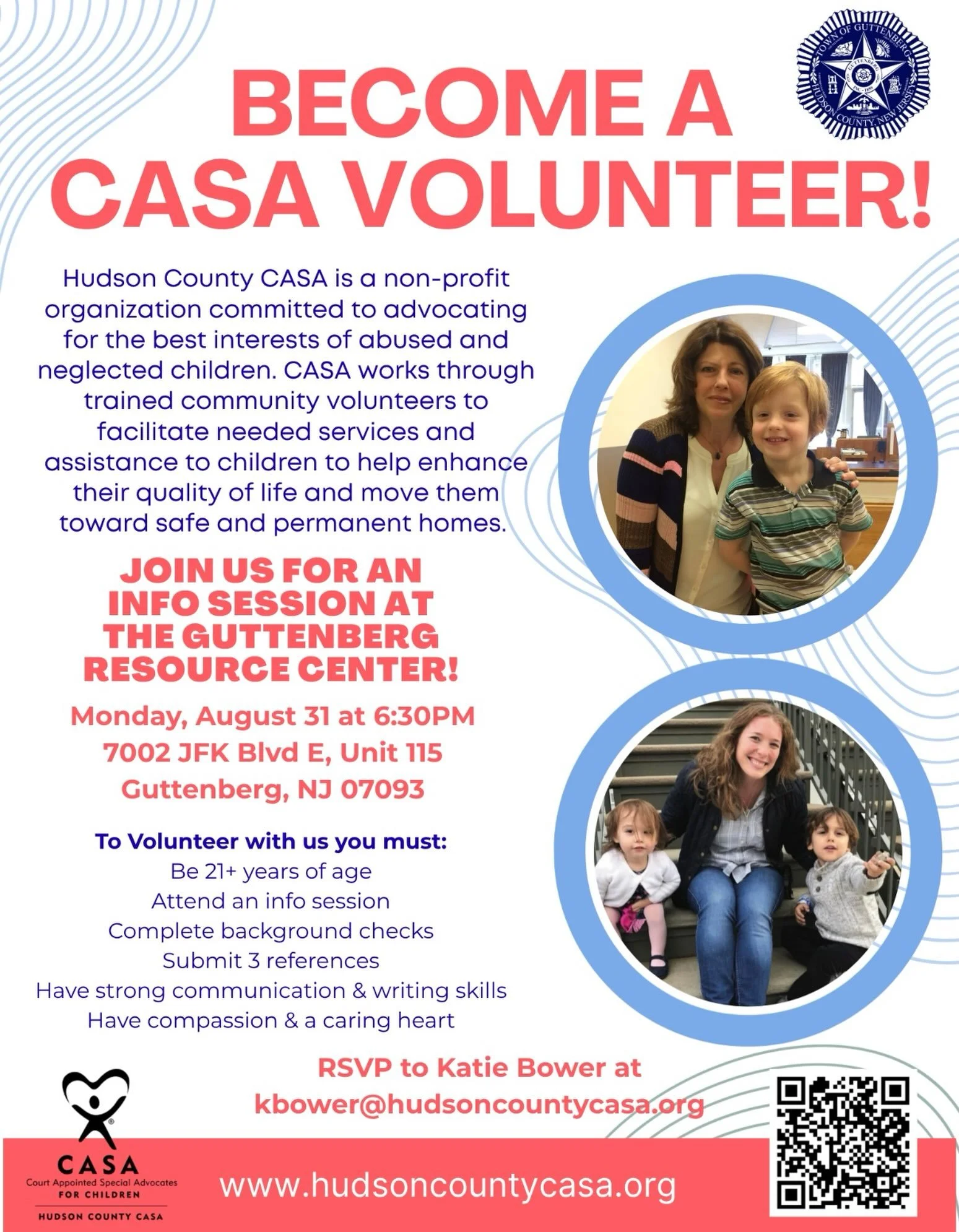 Guttenberg, we&rsquo;re looking for CASA volunteers! ❤️💙

Want to make a difference for children in your community? Join Hudson County CASA for an upcoming Volunteer Info Session in Guttenberg and learn how you can become an advocate for a child in 