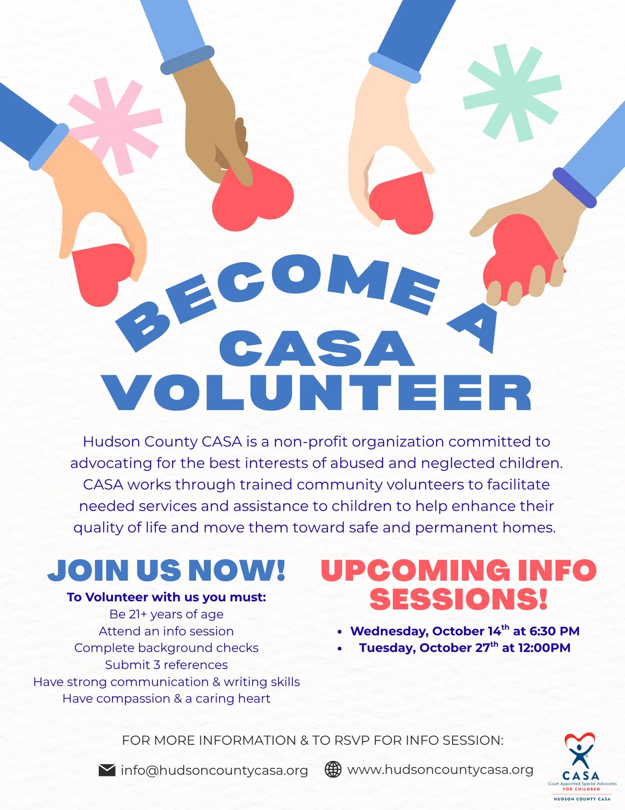 📣 Upcoming CASA Volunteer Information Sessions! ❤️💙

Interested in becoming a Hudson County CASA volunteer? Join us for one of our upcoming information sessions to learn more about our mission, the role of a CASA volunteer, and how you can make a d