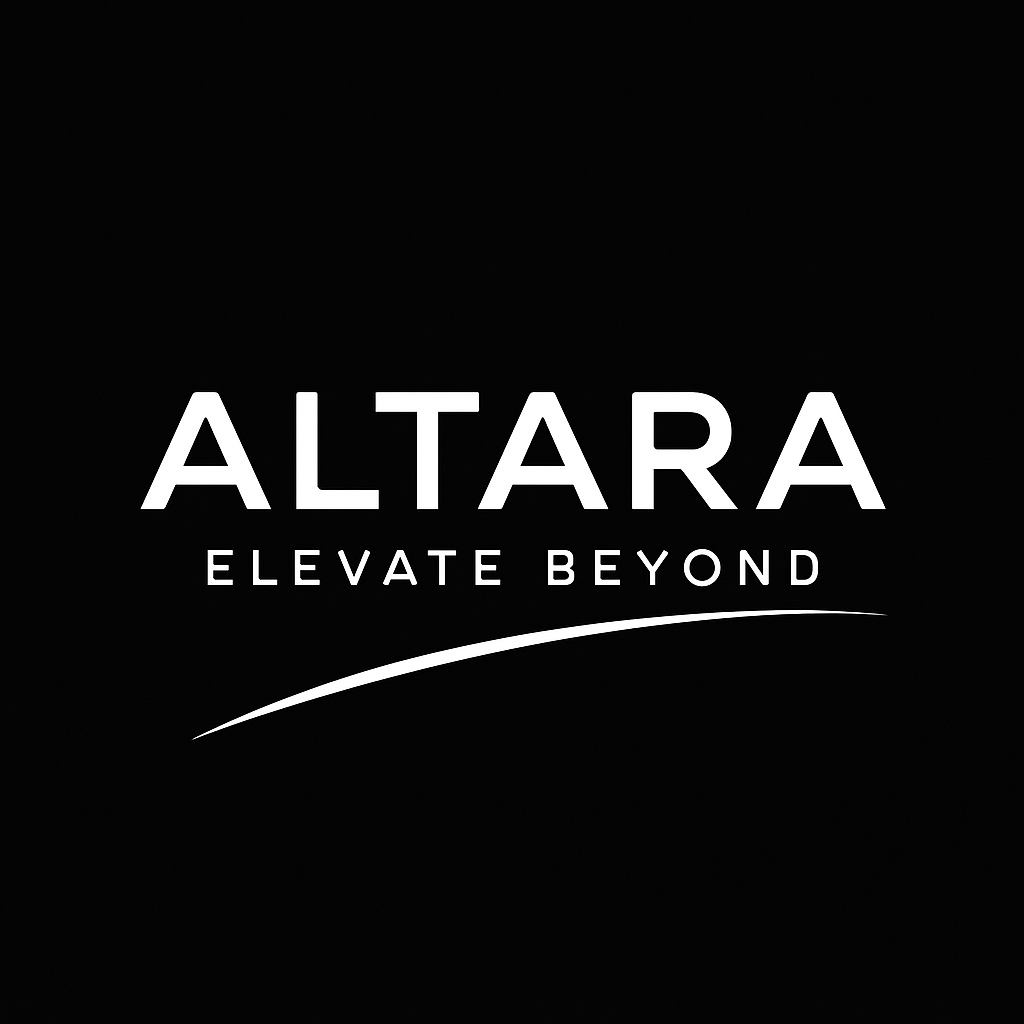 Logo with the words 'ALTARA' and 'ELEVATE BEYOND' on a black background with a swoosh line underneath.