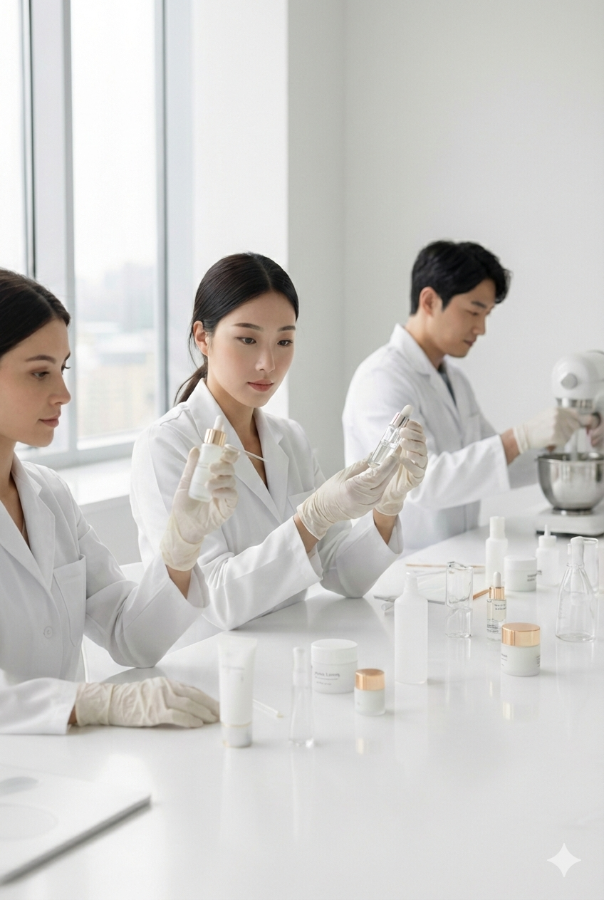Three scientists in white lab coats working with bottles and jars in a laboratory.