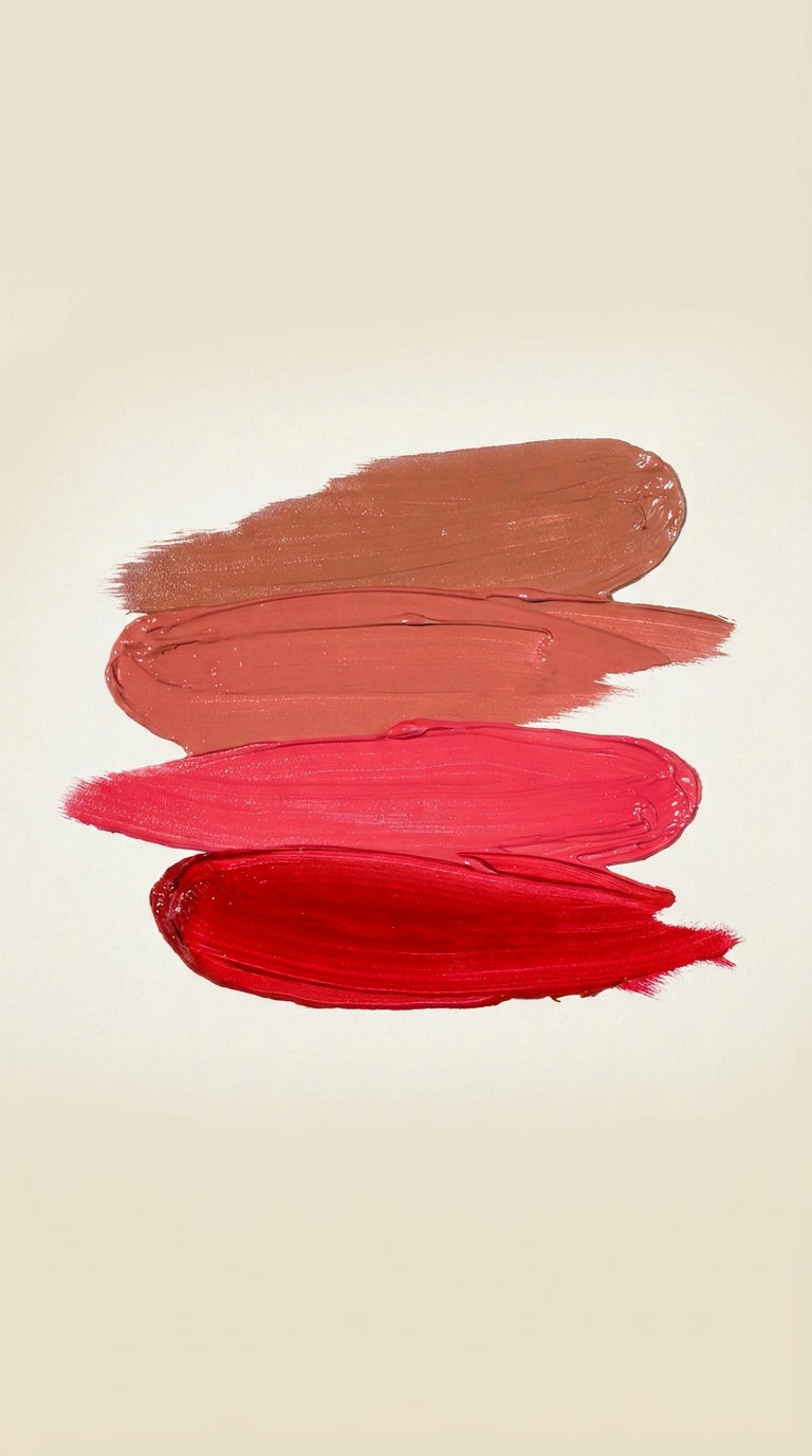Four horizontal brushstrokes of different shades of red and brown on a white background, layered from light to dark.