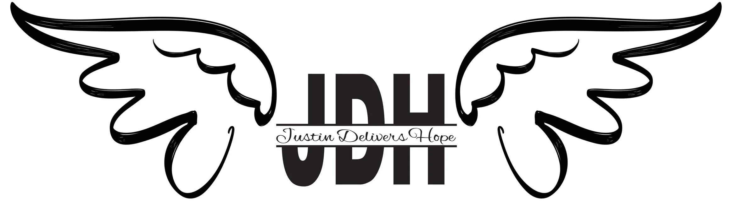 A black and white graphic with large wings on each side and the words "JUSTIN DELIVERS HOPE" in cursive across the middle.