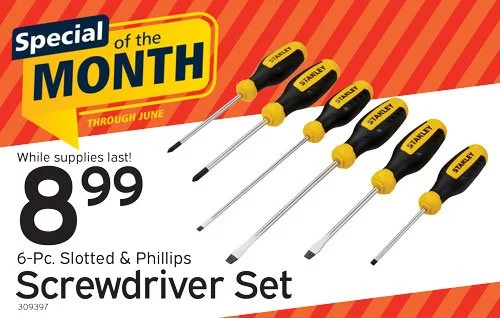 Package of six screwdrivers with yellow and black handles and metal shafts, labeled as a screwdriver set on sale for $8.99, special of the month through June.