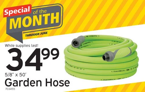 Advertisement for garden hose priced at $34.99, 5/8 inch by 50 feet, with a coiled green garden hose shown.