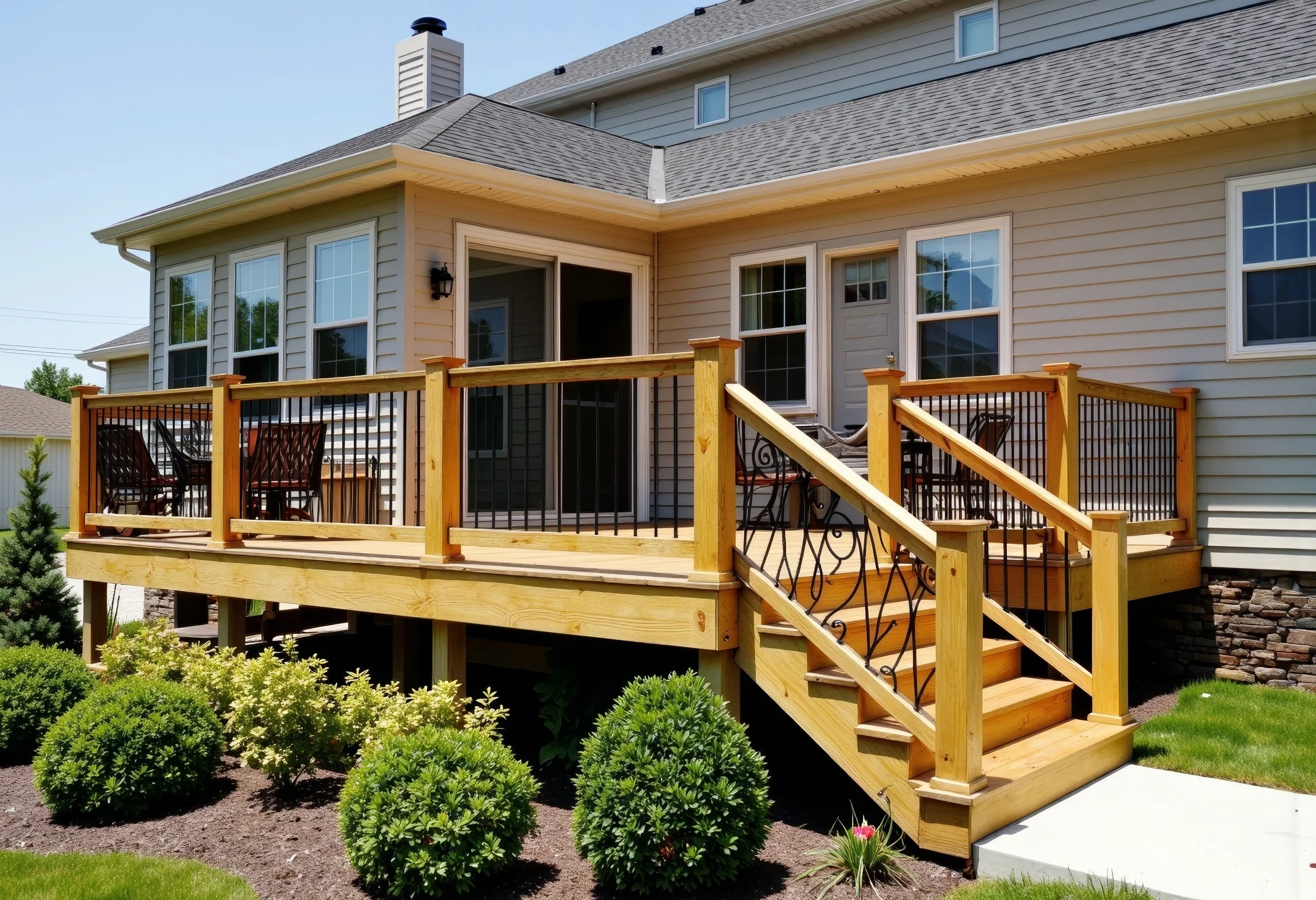 Wooden backyard patio with stairs, black metal railing, outdoor furniture, and surrounding landscaped garden