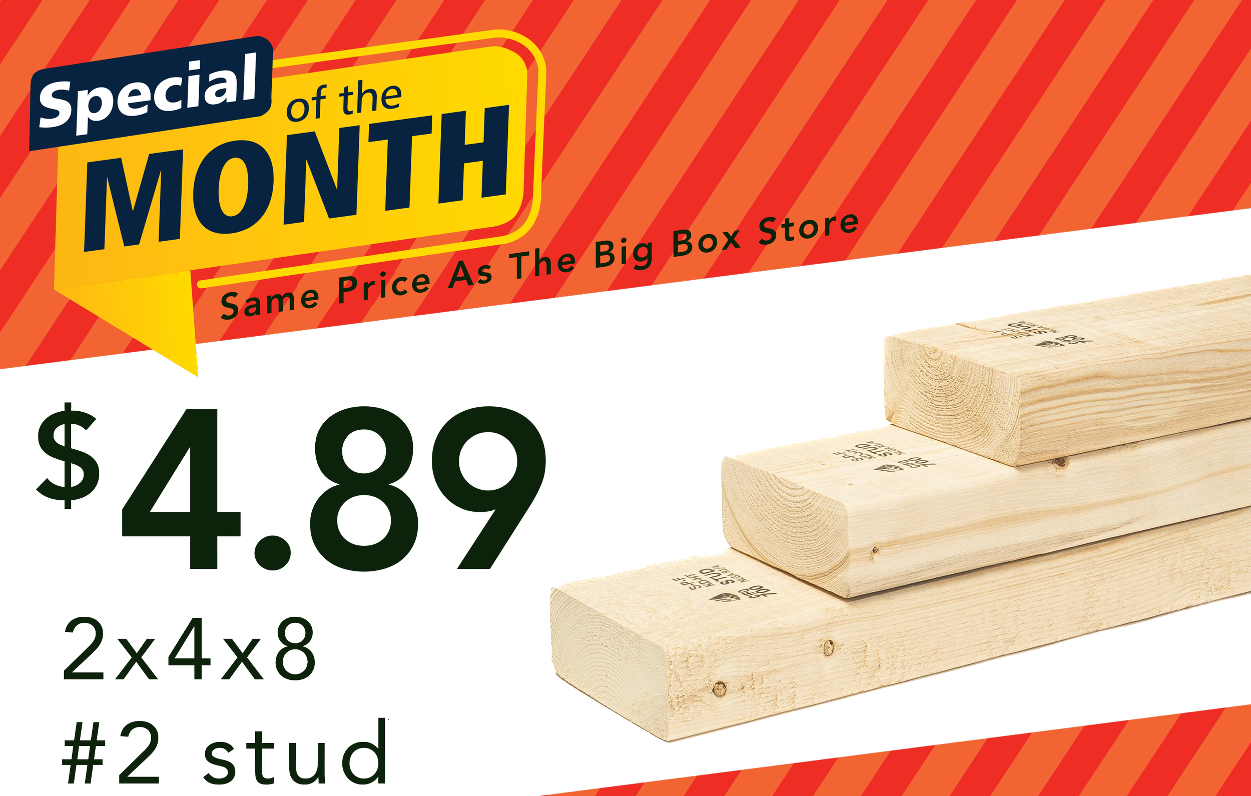 A promotional sign for a sale called "Special of the Month" featuring a price comparison of a large box store versus a local store, along with images of stacked cardboard boxes and wooden planks.