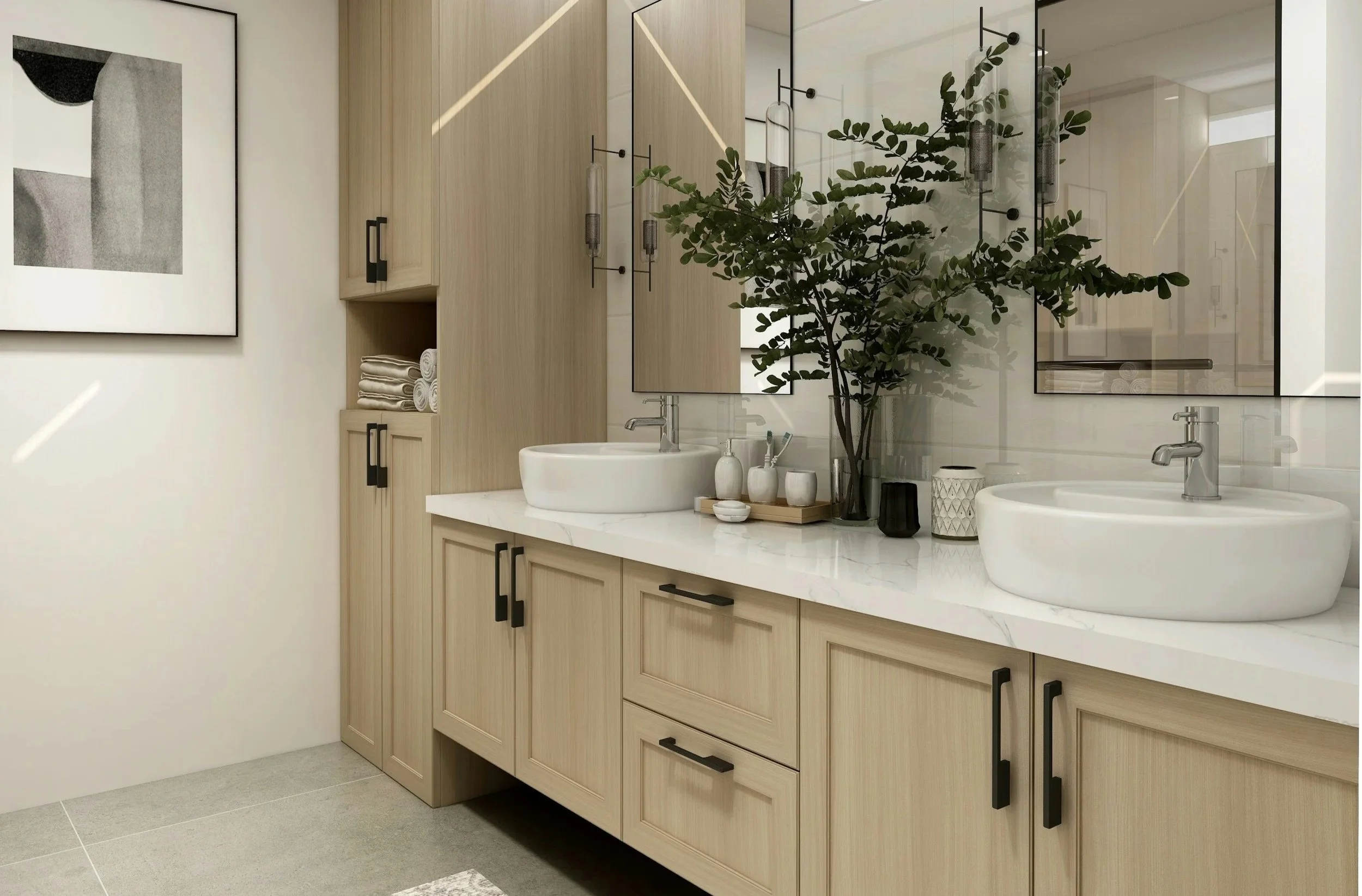 Modern bathroom with double vanity, two vessel sinks, large mirror, wooden cabinetry, decor including a large plant, and neatly rolled towels.