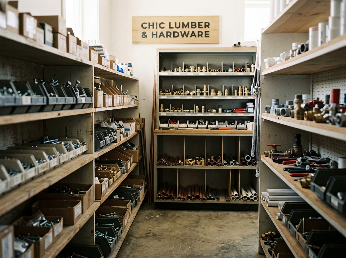 Interior of a hardware store with wooden shelves filled with plumbing and hardware supplies, including pipes, fittings, and tools, under a sign that reads 'Chic Lumber & Hardware'.