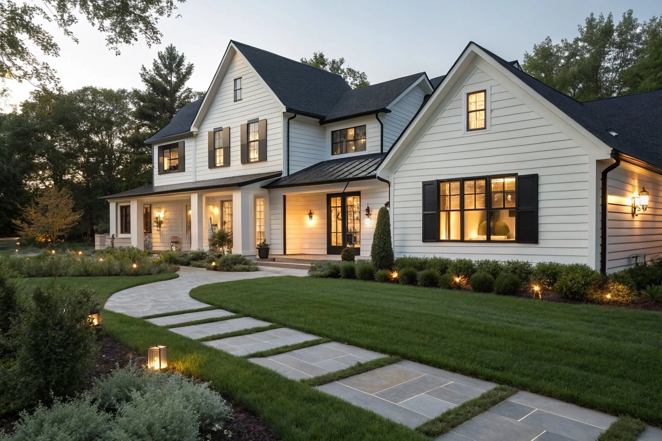 A large, white, two-story house with black shutters and a dark roof, illuminated by outdoor lighting at dusk, with a curved stone pathway leading to the entrance, surrounded by a well-maintained lawn and garden with shrubs and trees.