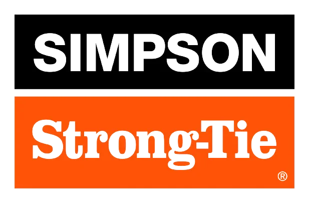 SIMPSON Strong-Tie logo with black text on a black background and orange section with gray and orange text.