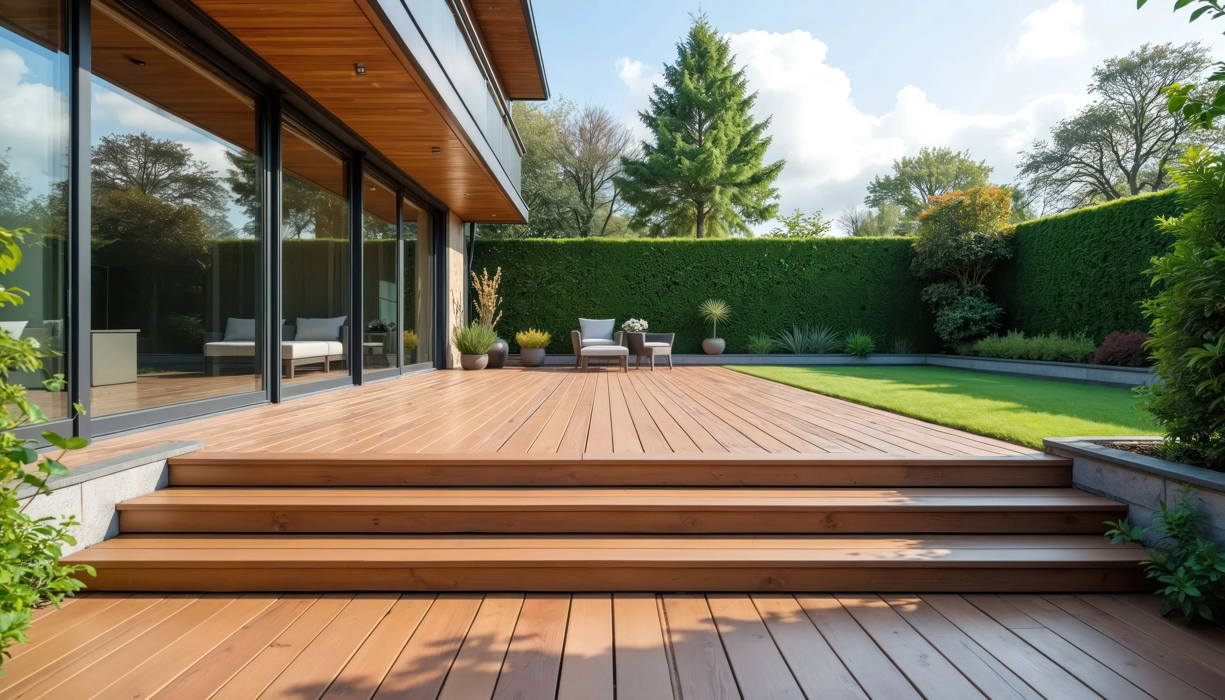 Modern house with large glass sliding doors opening to a spacious wooden deck and a lush green backyard with shrubs and trees.