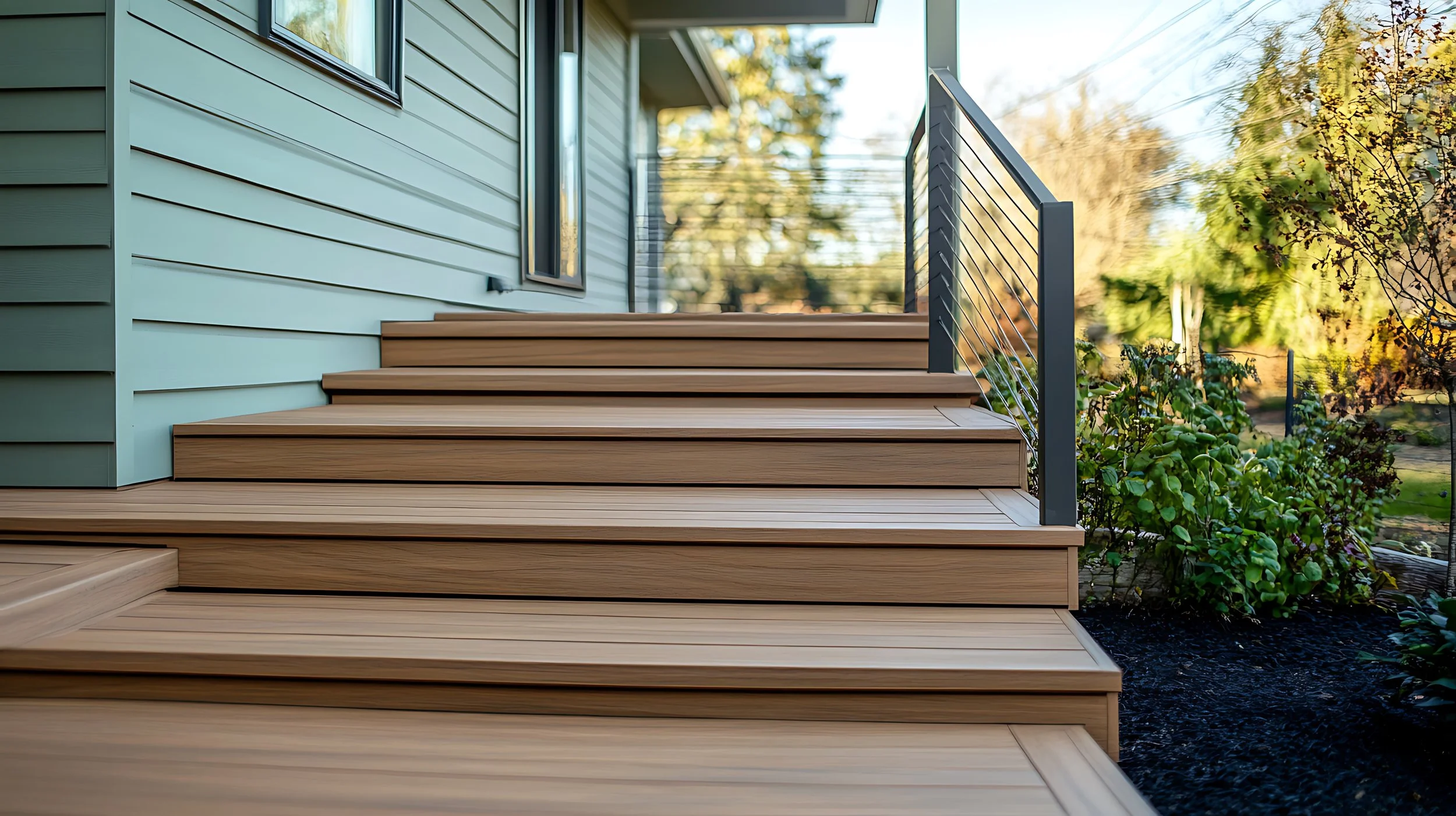 Wooden outdoor stairs leading to a house, with a metal railing on the right side and green bushes nearby, surrounded by trees and greenery.