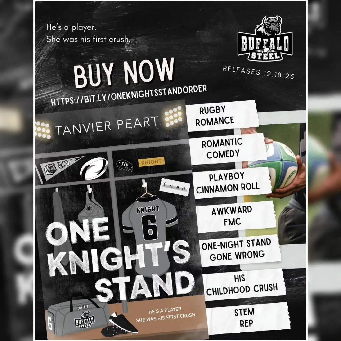 🏉Author Book Rec🏉

One Knight's Stand by @tanvierwrites
Releases: 12.18.2025

👉🏽BLURB👈🏽

Three years ago, I decided to have my first one-night stand. The plan was simple: research how to do it and meet a man at the bar before nerves playing wit