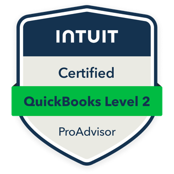 A badge with the text 'INTUIT Certified' at the top, 'ProAdvisor' at the bottom, and a green banner across the middle with 'QuickBooks Level 2' on it.
