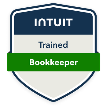 Badge with 'INTUIT Trained Bookkeeper' text, featuring a blue shield with white and green accents.