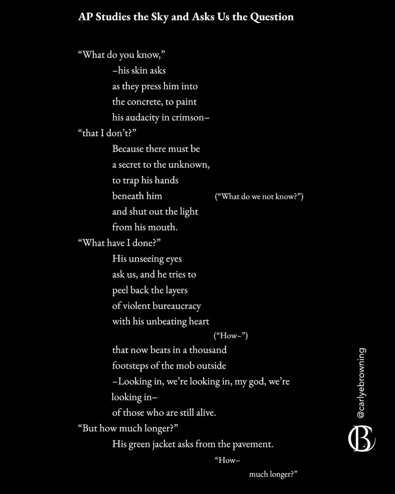 Heart heavy. I had the privilege of knowing him a long time ago. High school. Theater. Choir. The very best days of my life. 

Had. Past tense. 

So these are my Poems of a Certain Darkness: Discord and Disquiet (1/?)

#alexpretti