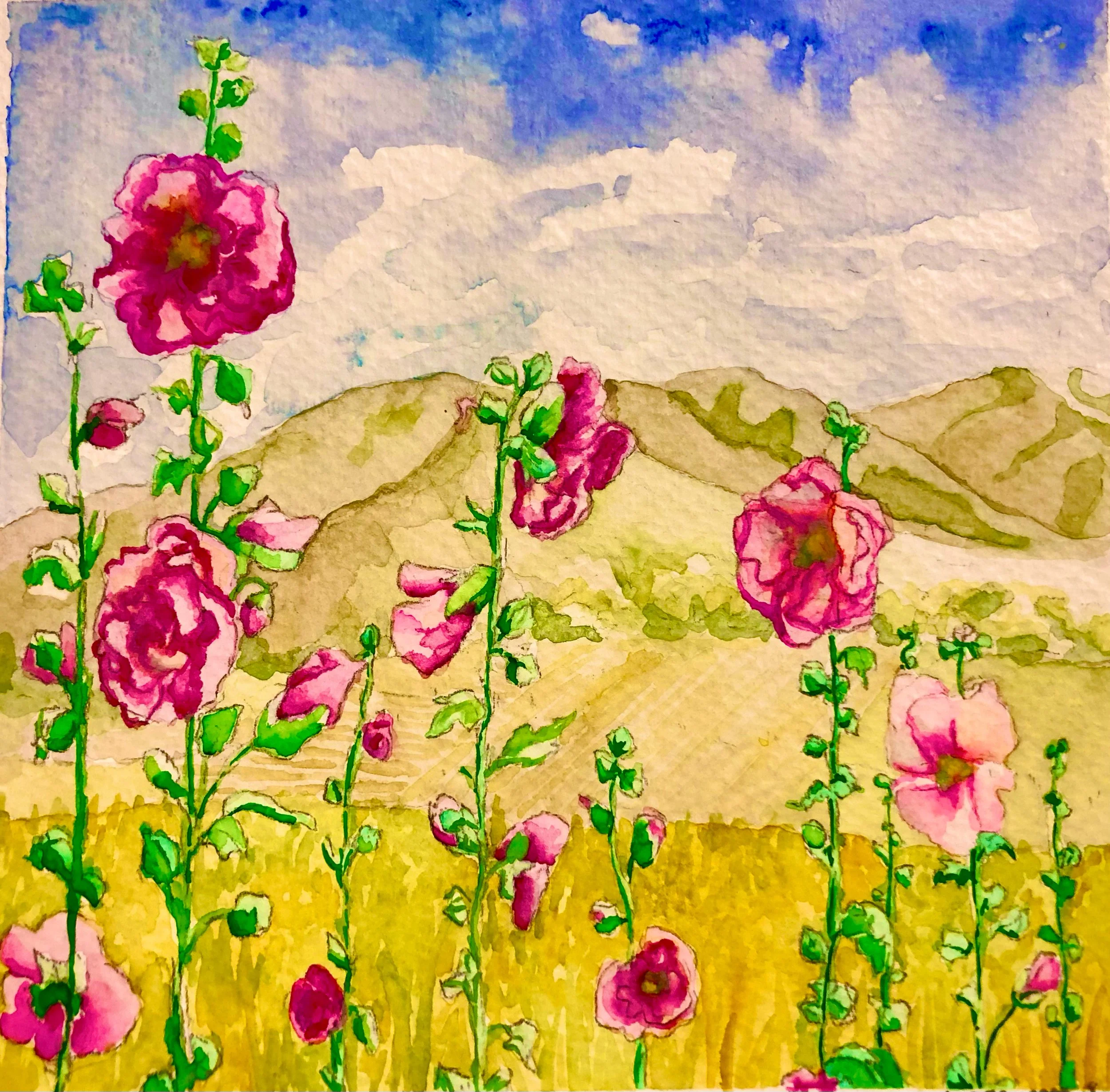 Kara’s Hollyhocks; watercolor
