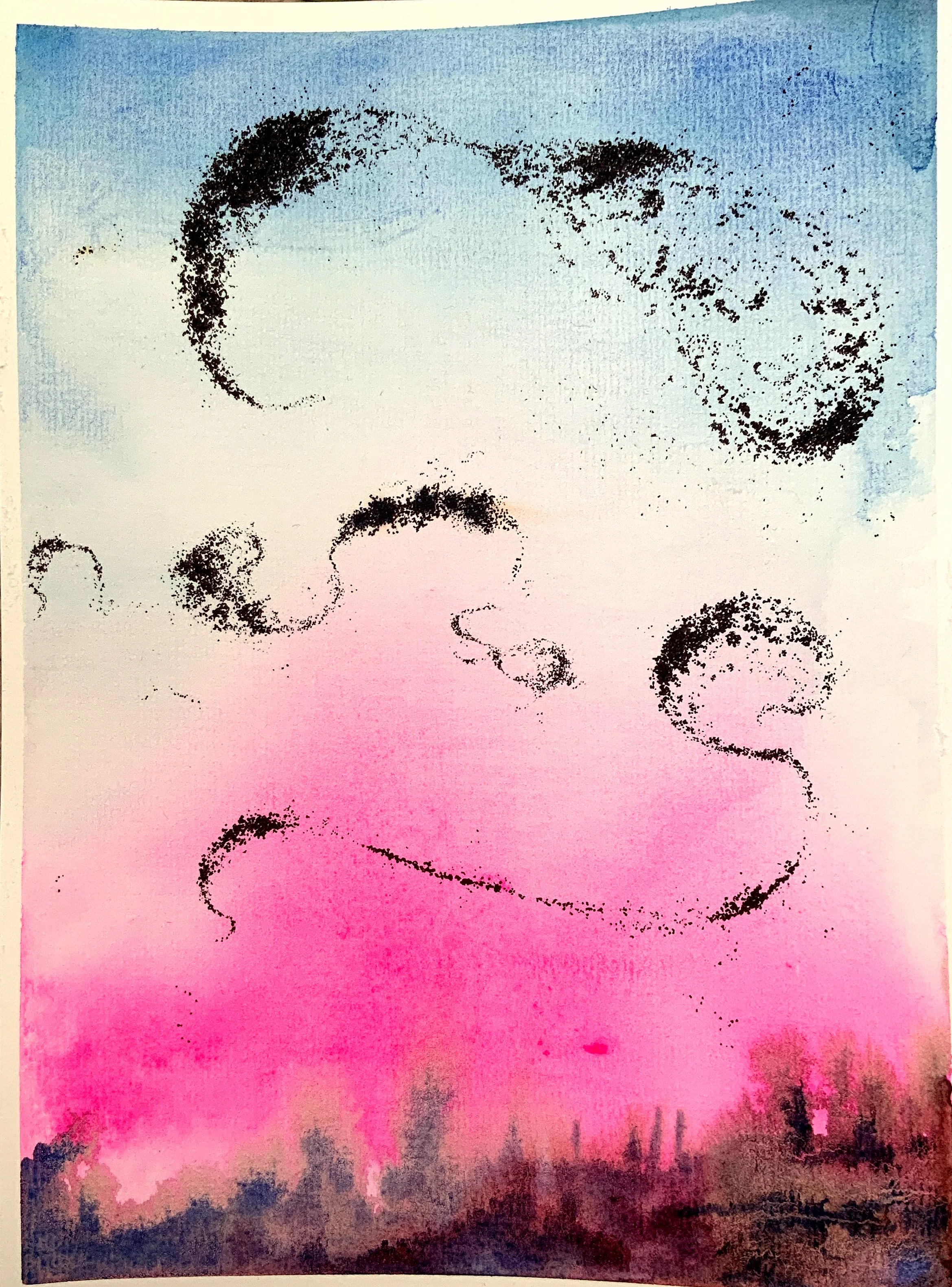 Sunset Murmuration; watercolor