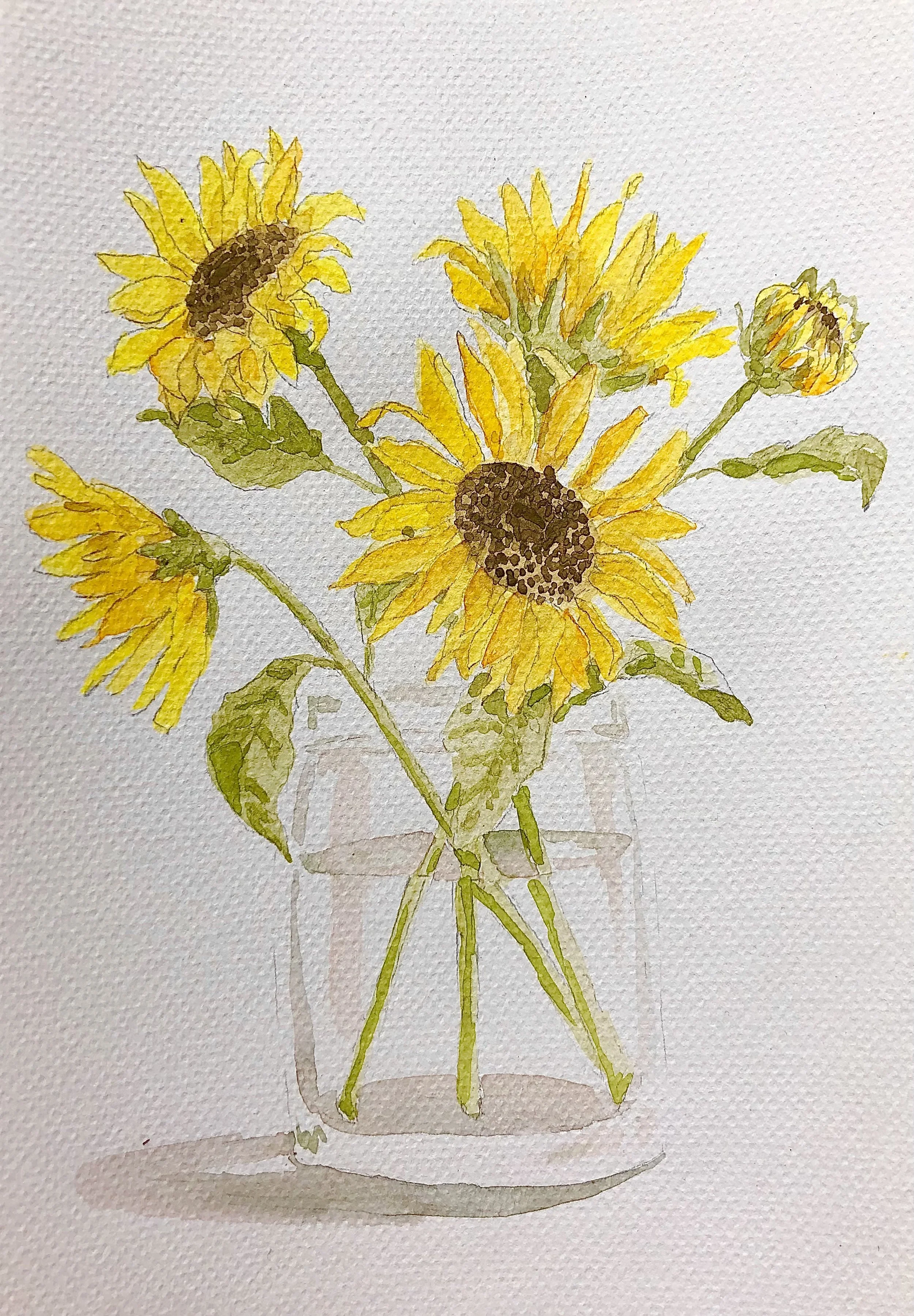 Sunflowers in water; watercolor