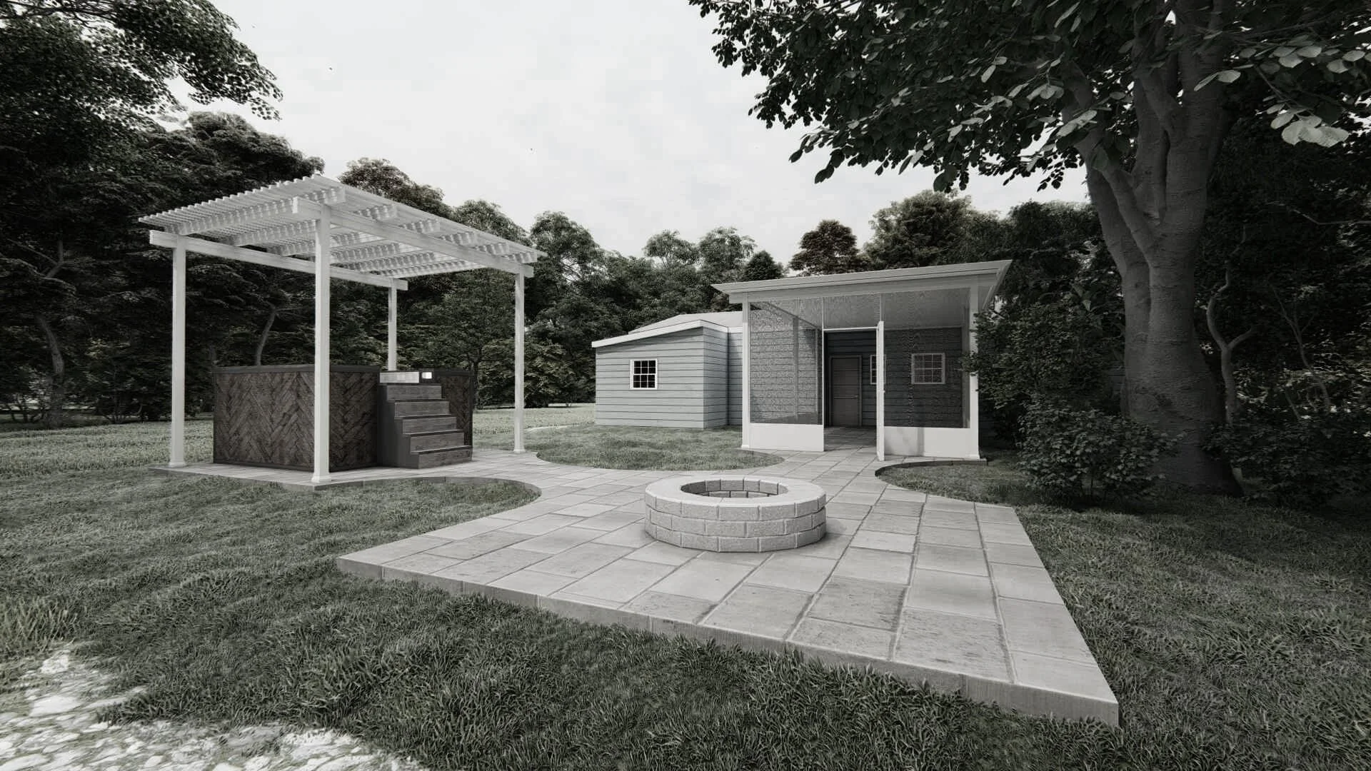 Black and white rendering of a backyard with a patio, fire pit, small detached shed, a covered porch, and two pergolas, surrounded by trees and grass.
