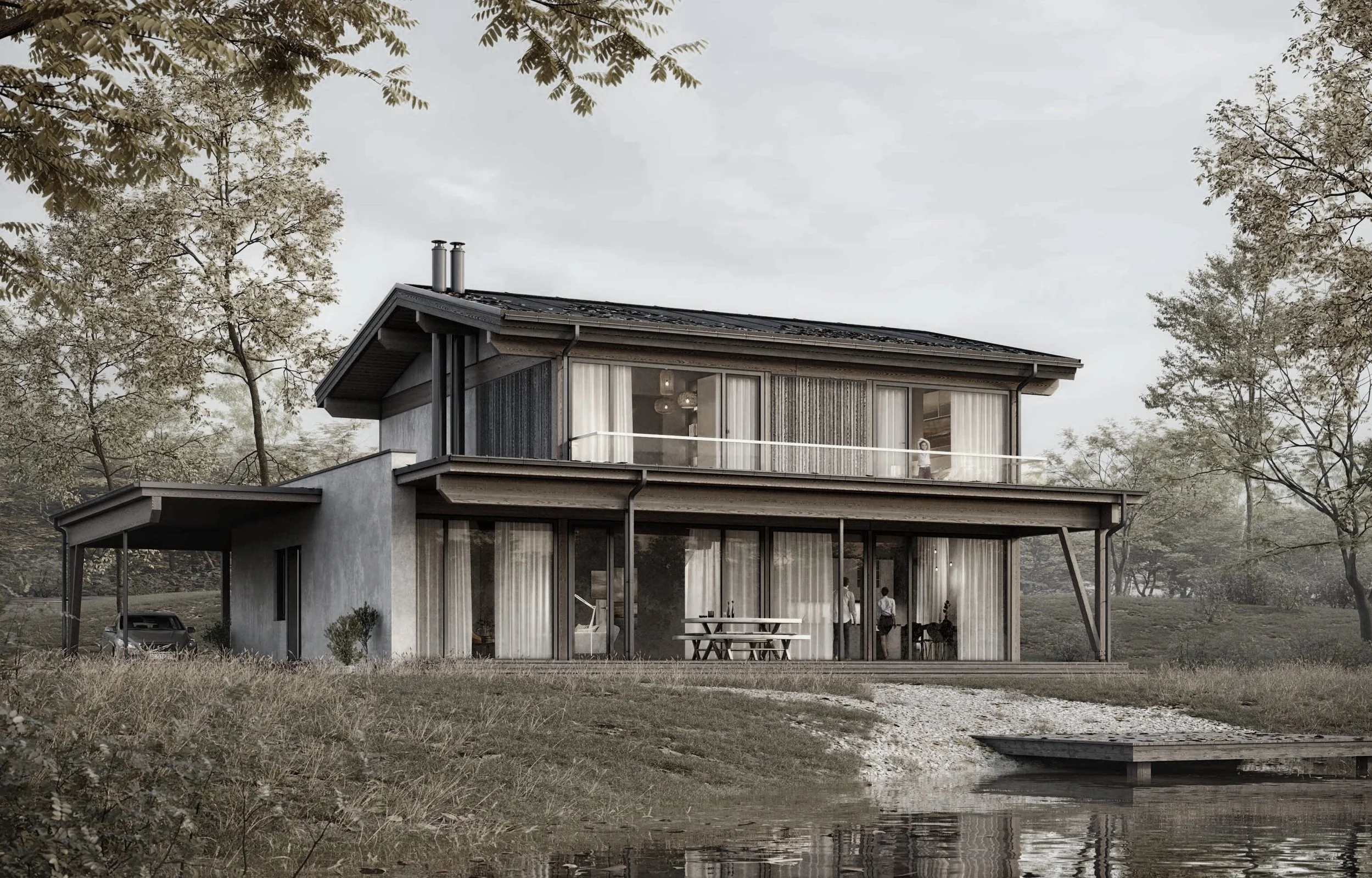 Modern two-story house with large glass windows, set in a natural landscape with trees and a water feature in the foreground.