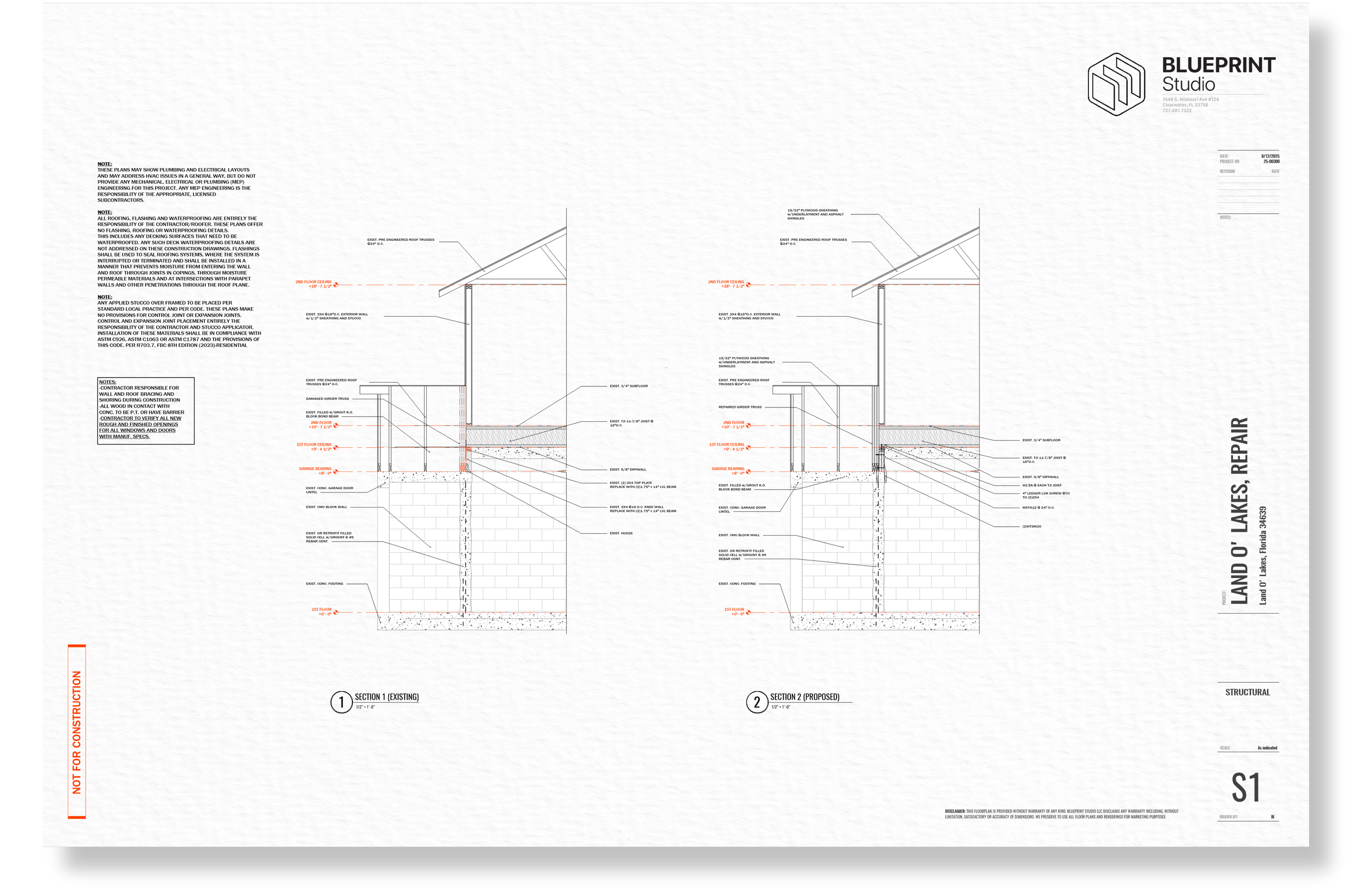 Architectural blueprint of a building showing cross-section views with detailed notes and labels for construction and structural elements.