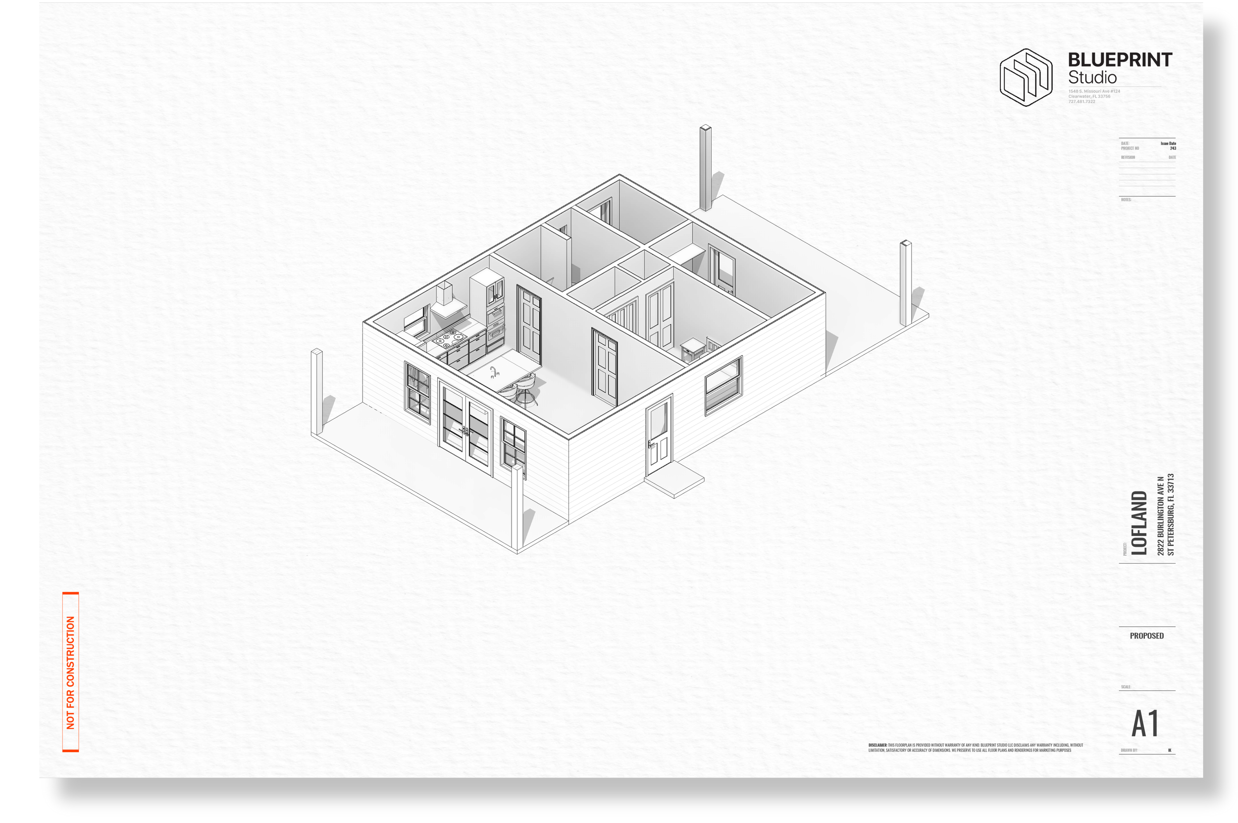 A 3D floor plan of a small house showing a kitchen, dining area, and several rooms, with outlined walls, doors, and windows.