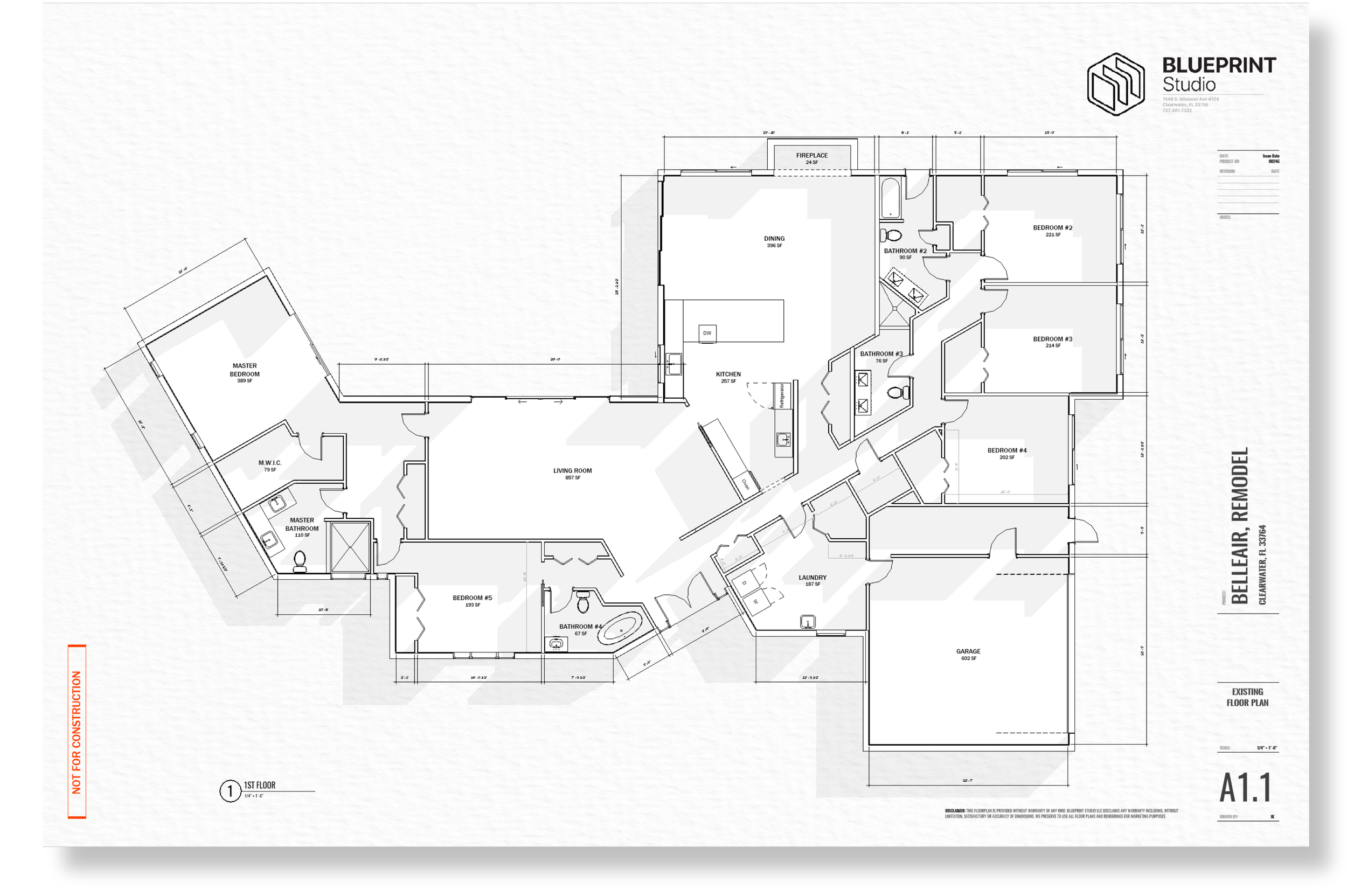 Floor plan for a house with labeled rooms including a master bedroom, living room, kitchen, dining area, laundry room, garage, and multiple bedrooms and bathrooms, with the blueprint company's logo in the top right corner.