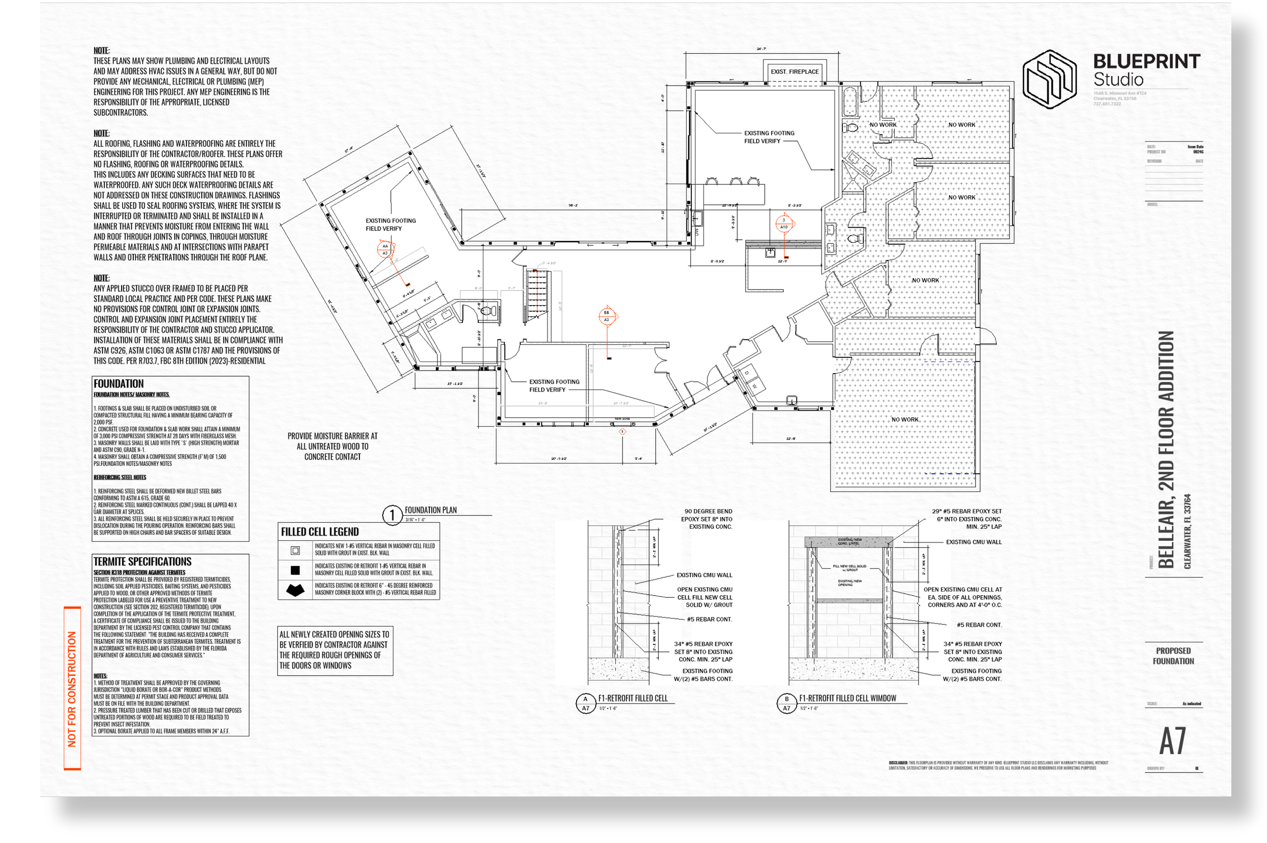 Architectural blueprint of a building's foundation and floor plan, including notes and specifications for construction.