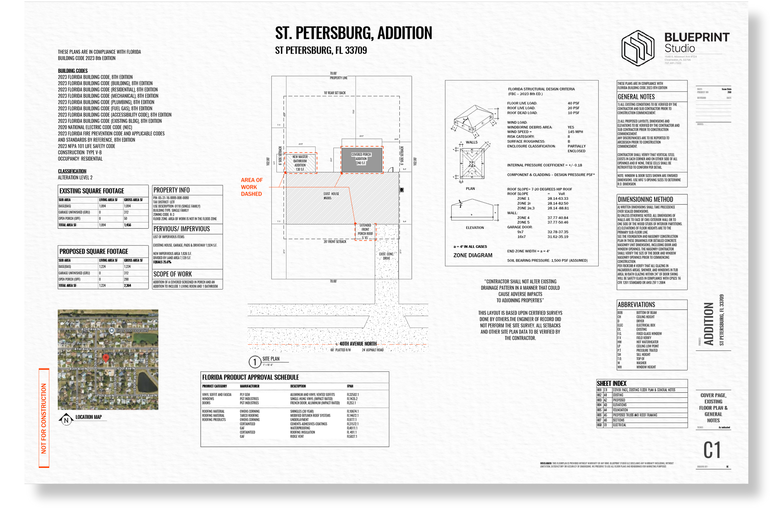 Blueprint of a residential construction project for a property in St. Petersburg, Florida, showing site plan, zone diagram, elevation, roof details, and location map.