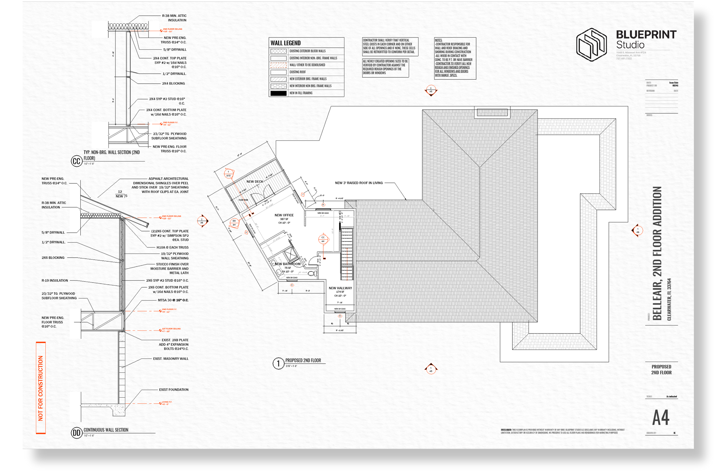 Architectural blueprint of a proposed second-floor addition to a building, showing detailed wall, roofing, and construction notes, with labels for new structures like an office, bathroom, hallway, and raised roof, including a wall legend and project 