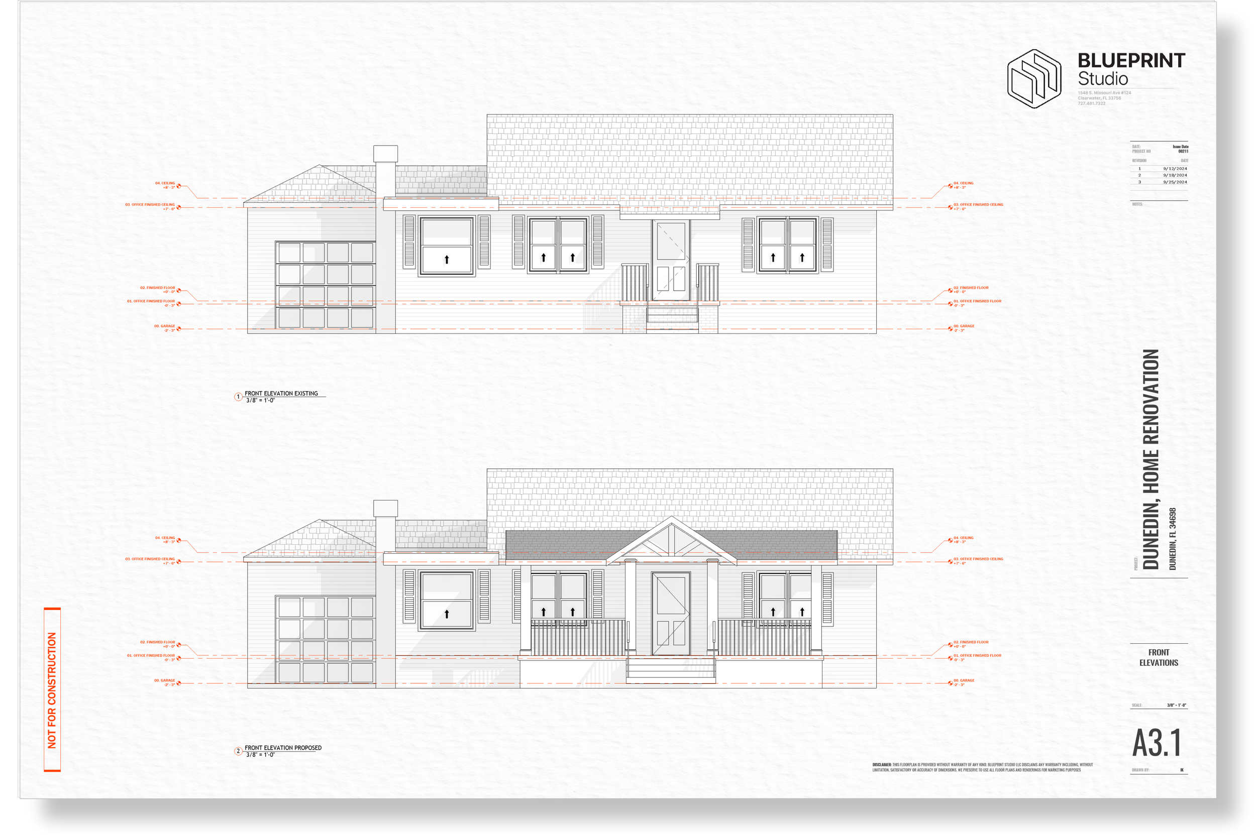 Architectural blueprint showing proposed front elevation design of a house in Duenden, Florida, including details of windows, doors, roof, and front porch.