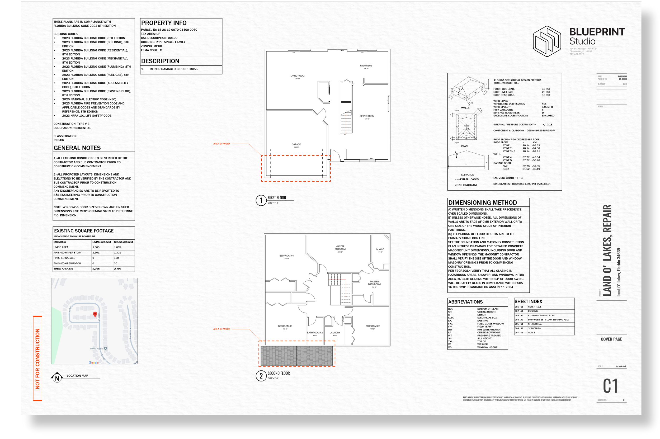 Architectural blueprints of a two-story house, including floor plans for the first and second floors with room labels, property information, and construction details.