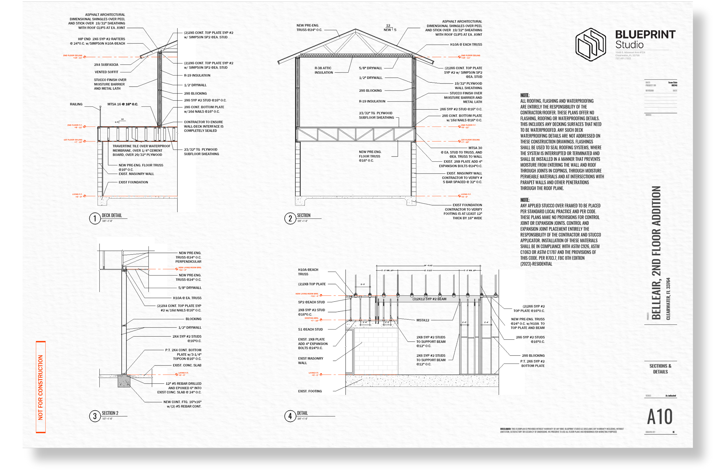 Architectural blueprint for a building's second-floor deck and roof structure, showing detailed cross-sections and construction notes.