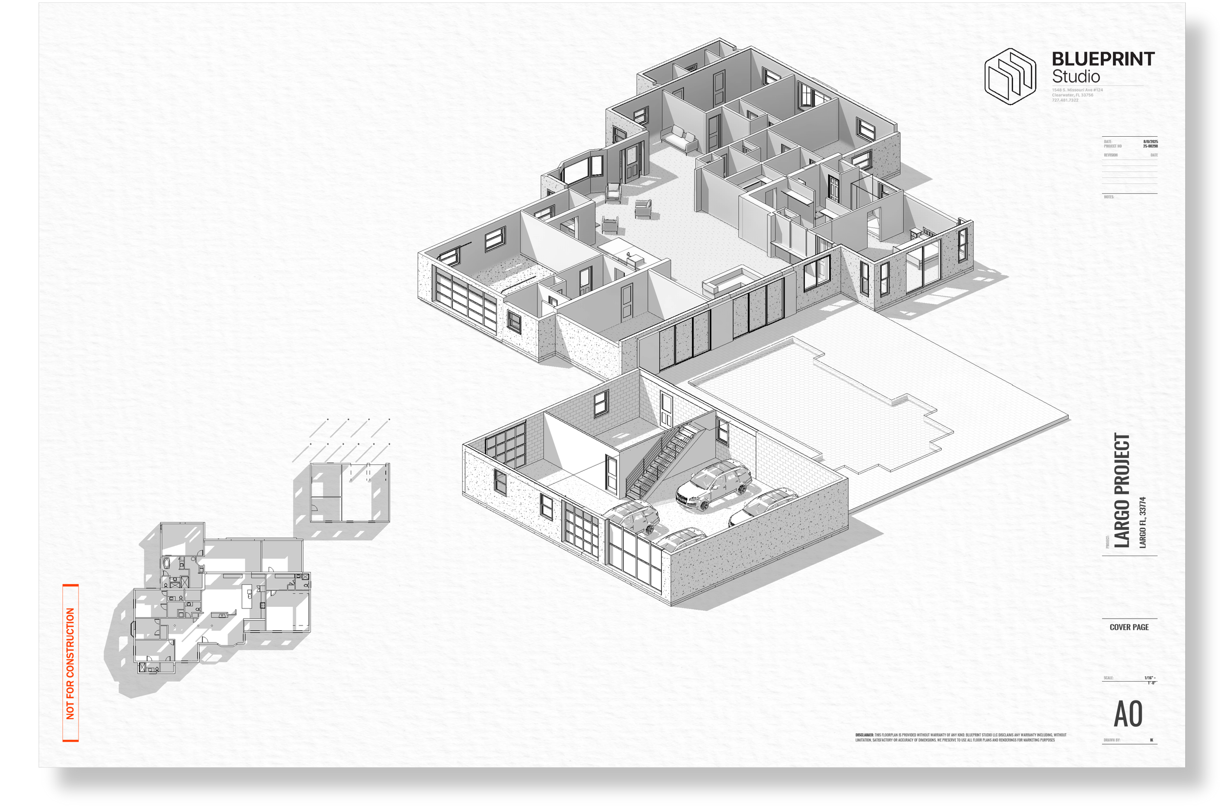Architectural blueprint of a two-story house with an attached garage, showing interior rooms, furniture, and parking spaces, labeled as 'Largo Project' by Blueprint Studio.