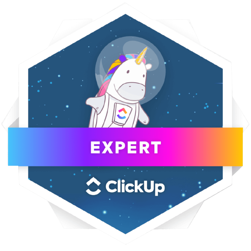 ClickUp certification badge with a cartoon unicorn astronaut on a starry background, labeled 'Expert' in a rainbow-colored banner.