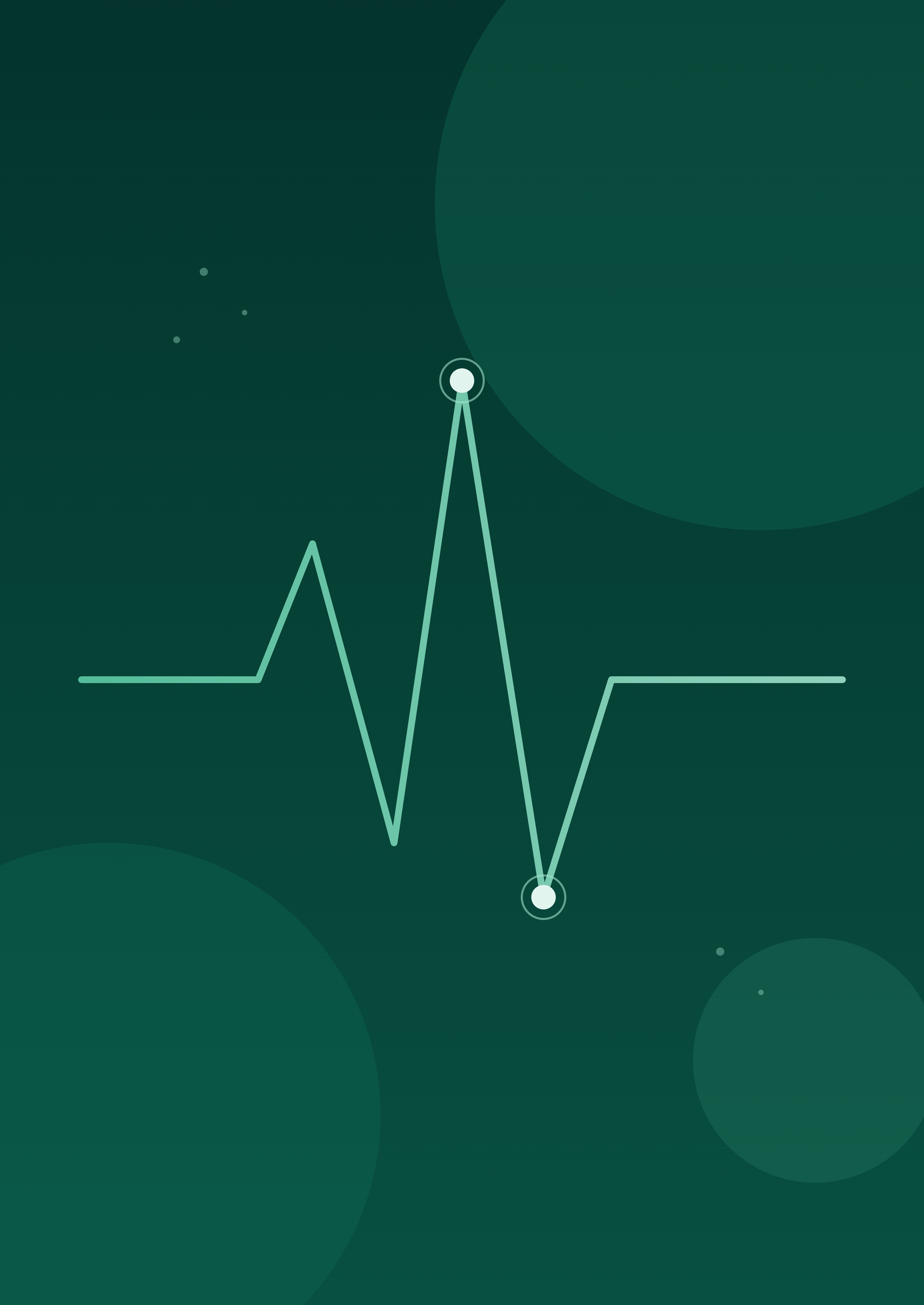 A digital illustration of an electrocardiogram (ECG) waveform with a dark green background and large semi-transparent circles.